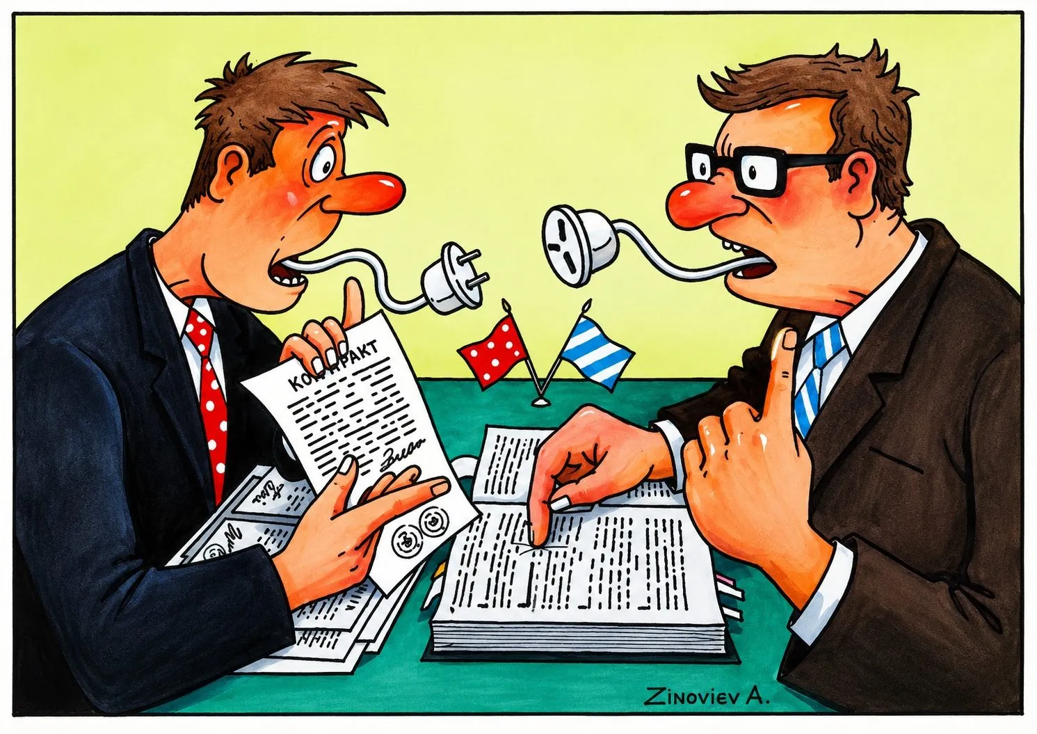 Cartoon “No Connection” by Oleksandr Zinovyev: Two men at a table with plugs and sockets coming out of their mouths, reading contracts.