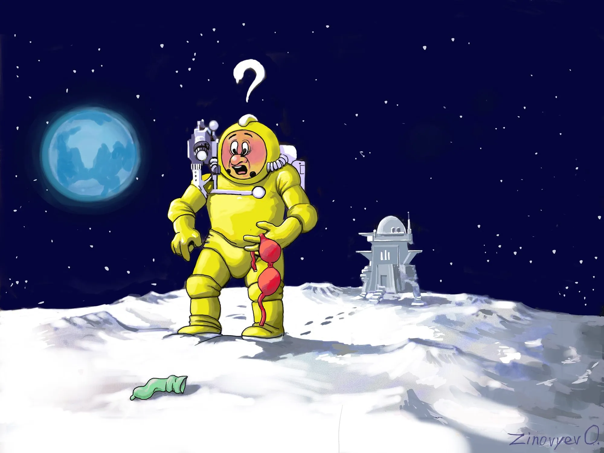 Cartoon “The Obvious Improbable” by Oleksandr Zinovyev: A yellow astronaut stands puzzled on the Moon next to a woman's bra on the ground.