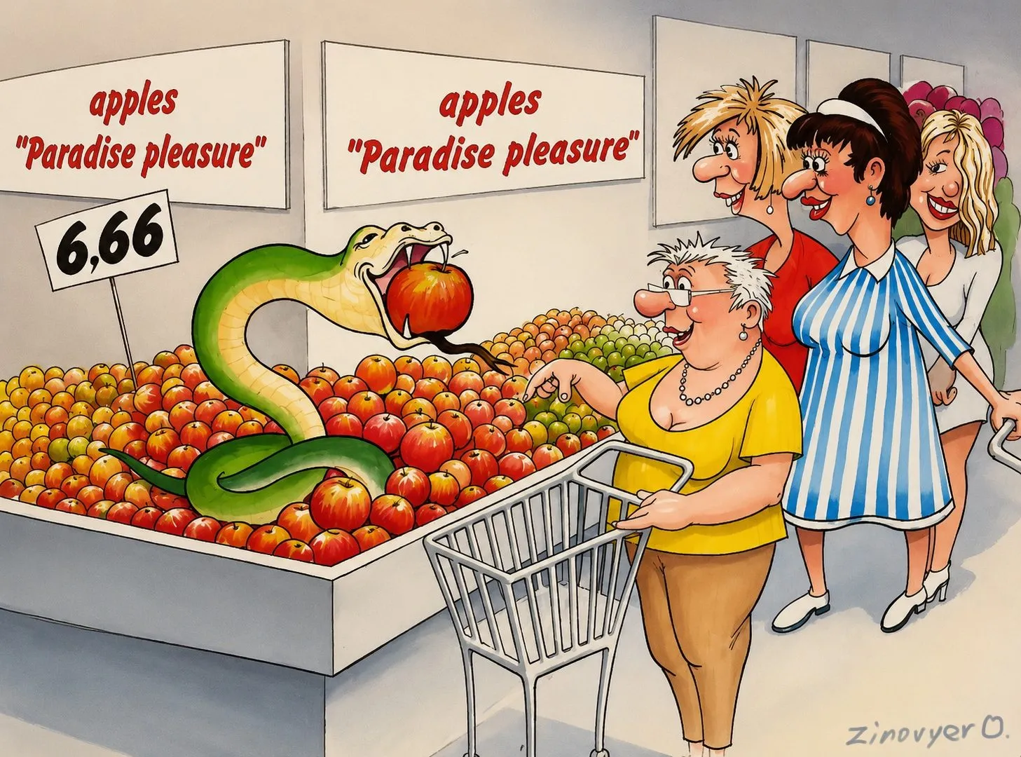 Cartoon “Heavenly Bliss” by Oleksandr Zinovyev: A snake offers an apple to women at a supermarket stall of 'Paradise pleasure' apples priced 6.66.