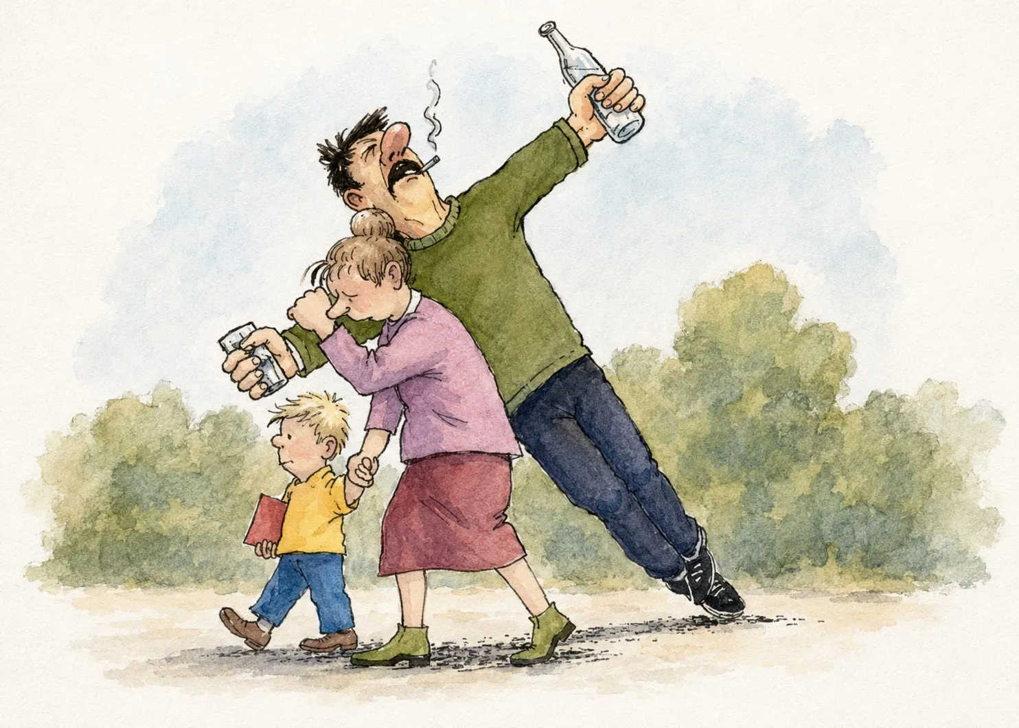 Cartoon “His Own Cross” by Oleksandr Zinovyev: A drunken man leaning on his wife as she leads their small son home.