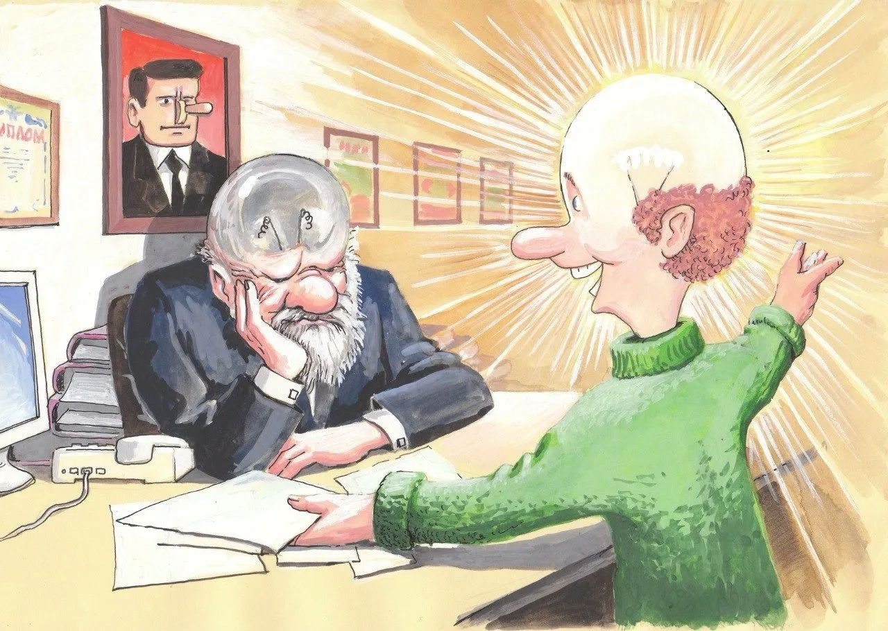 Cartoon “Light and Darkness” by Oleksandr Zinovyev: An old bearded inventor with a dim light-bulb head beside a young man whose bulb is blazing; second version.