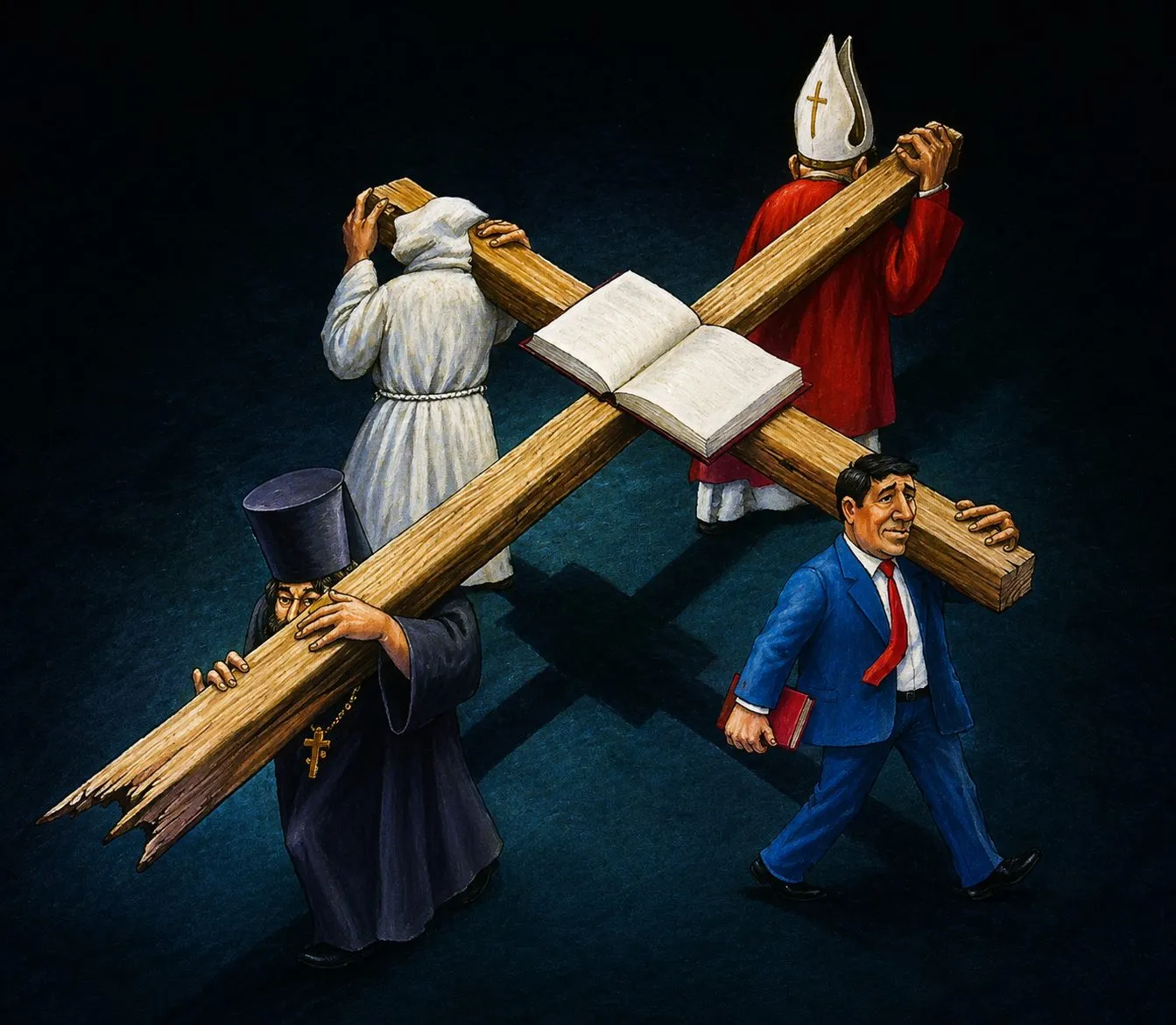 Cartoon “Crusaders of the Faith” by Oleksandr Zinovyev: Clergy of different faiths carry a cross with an open book, a man in a suit walking away with a red folder.