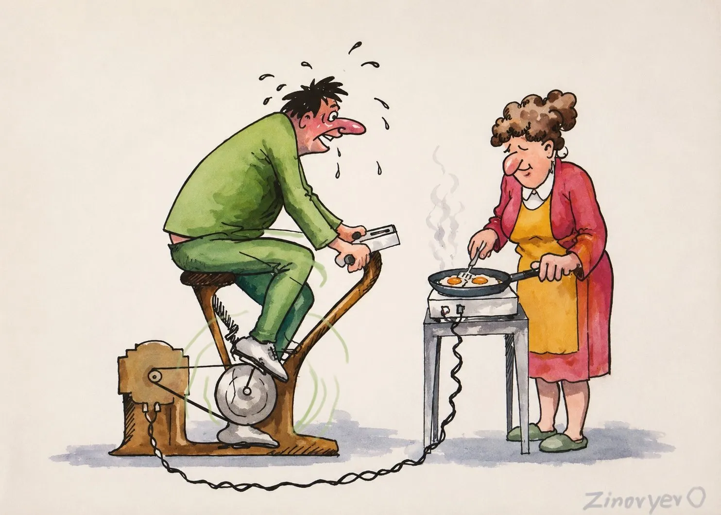 Cartoon “He Who Works, Eats” by Oleksandr Zinovyev: A man pedals an exercise bike to power the stove where his wife is cooking.