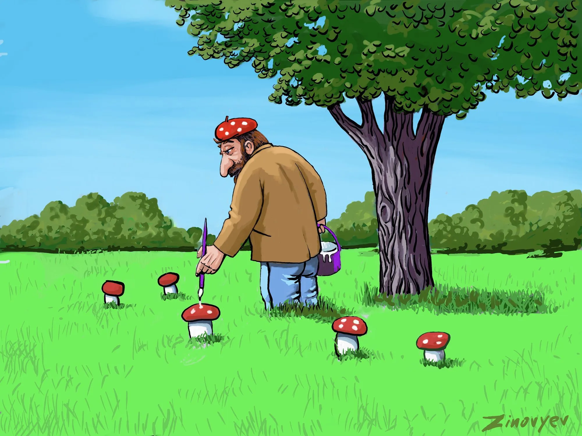 Cartoon “The Mushroom-Picking Artist” by Oleksandr Zinovyev: A man with a paintbrush painting red caps onto mushrooms in a meadow.