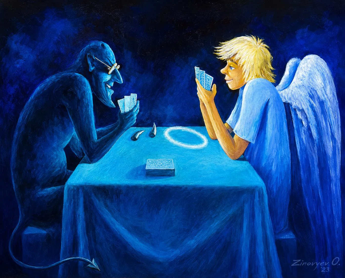 Cartoon “The Devil and the Angel Play Cards” by Oleksandr Zinovyev: A blue devil and a golden-haired angel play cards at a table.