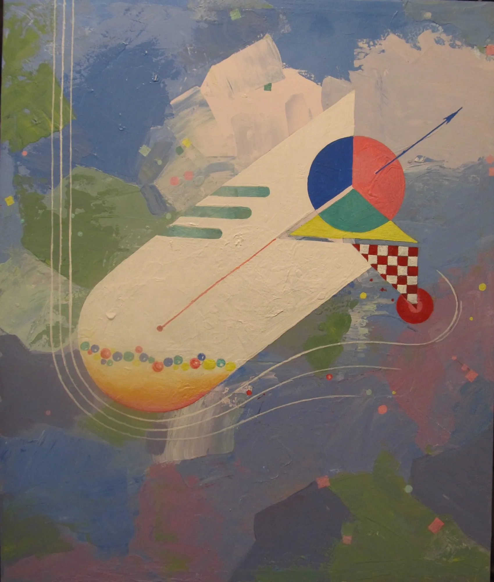 Work on paper “Abstraction X” by Oleksandr Zinovyev: A cream cigar shape with a pie-chart circle and a checkerboard over grey and red patches.