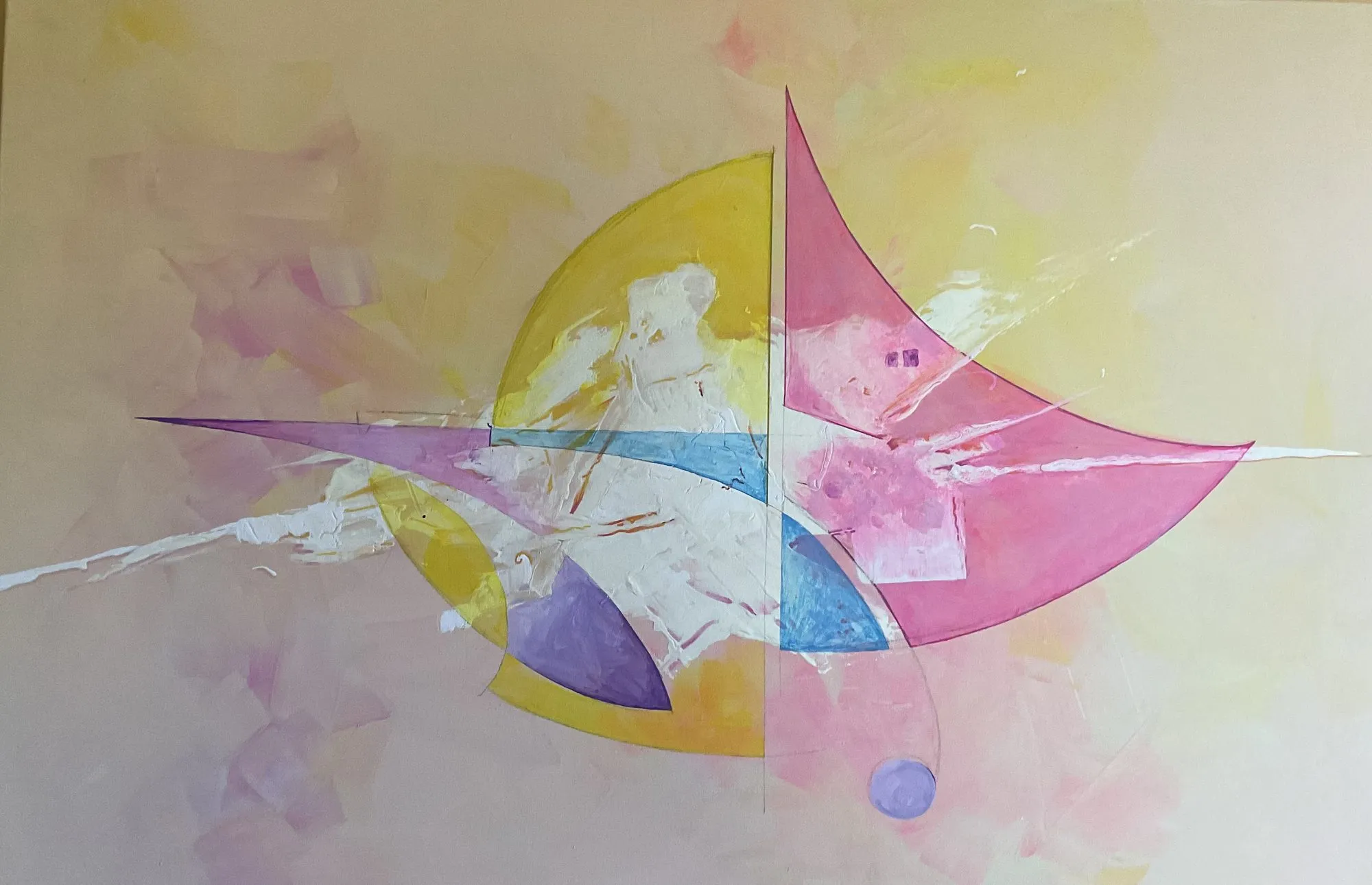 Work on paper “Blot IV” by Oleksandr Zinovyev: Yellow, pink and blue sail-like shapes crossing on pale yellow.