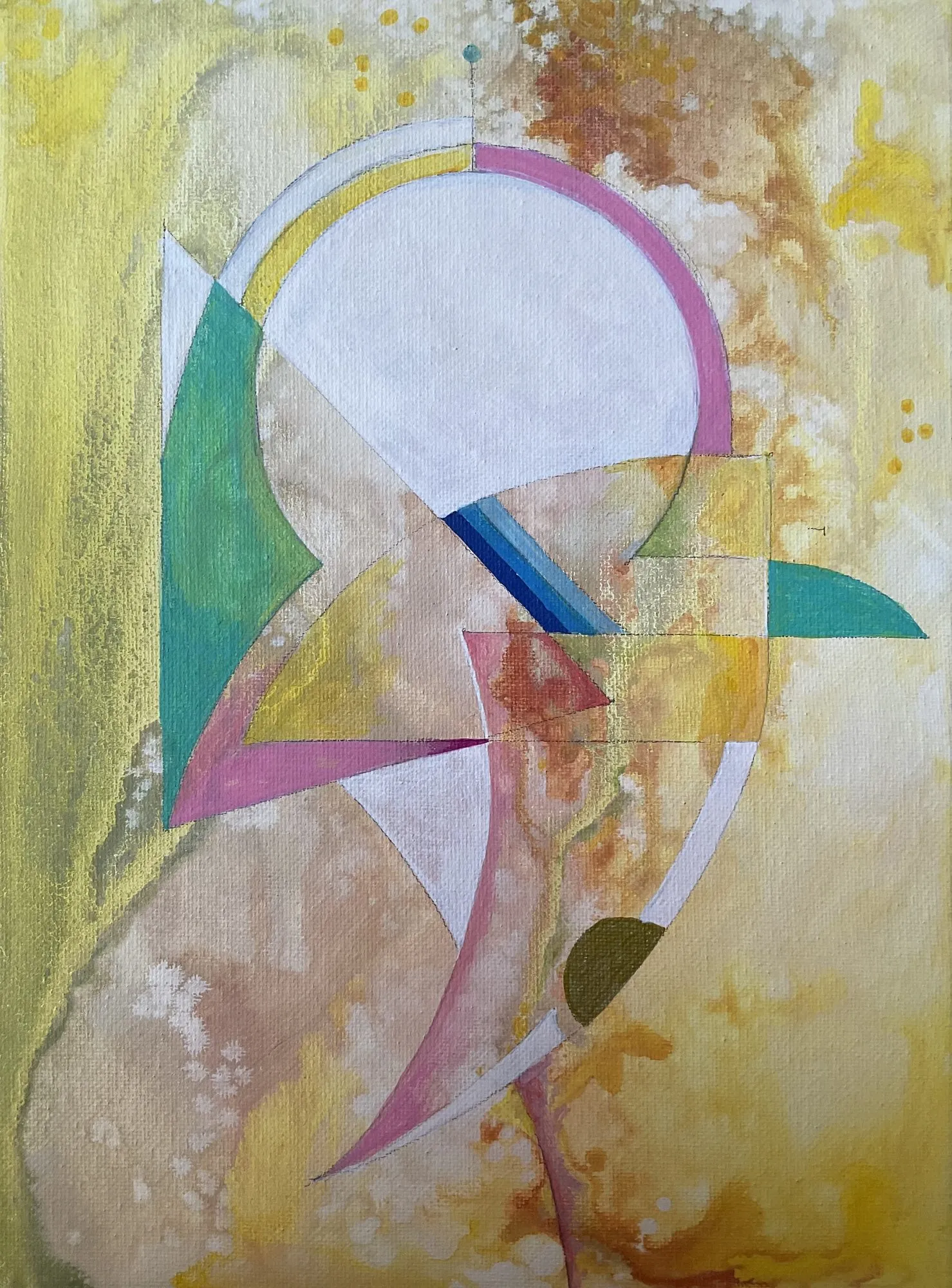 Work on paper “Colour Patch” by Oleksandr Zinovyev: Pastel arcs, triangles and a white circle on yellow ochre.