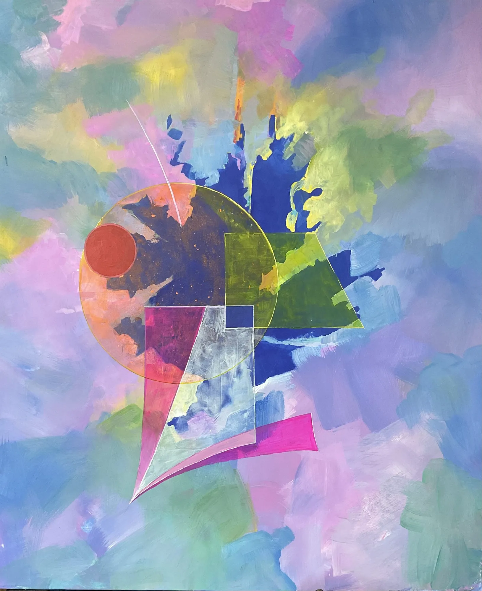 Work on paper “Colour Patch” by Oleksandr Zinovyev: A blue splash and coloured geometric pieces over pink and sky-blue patches.