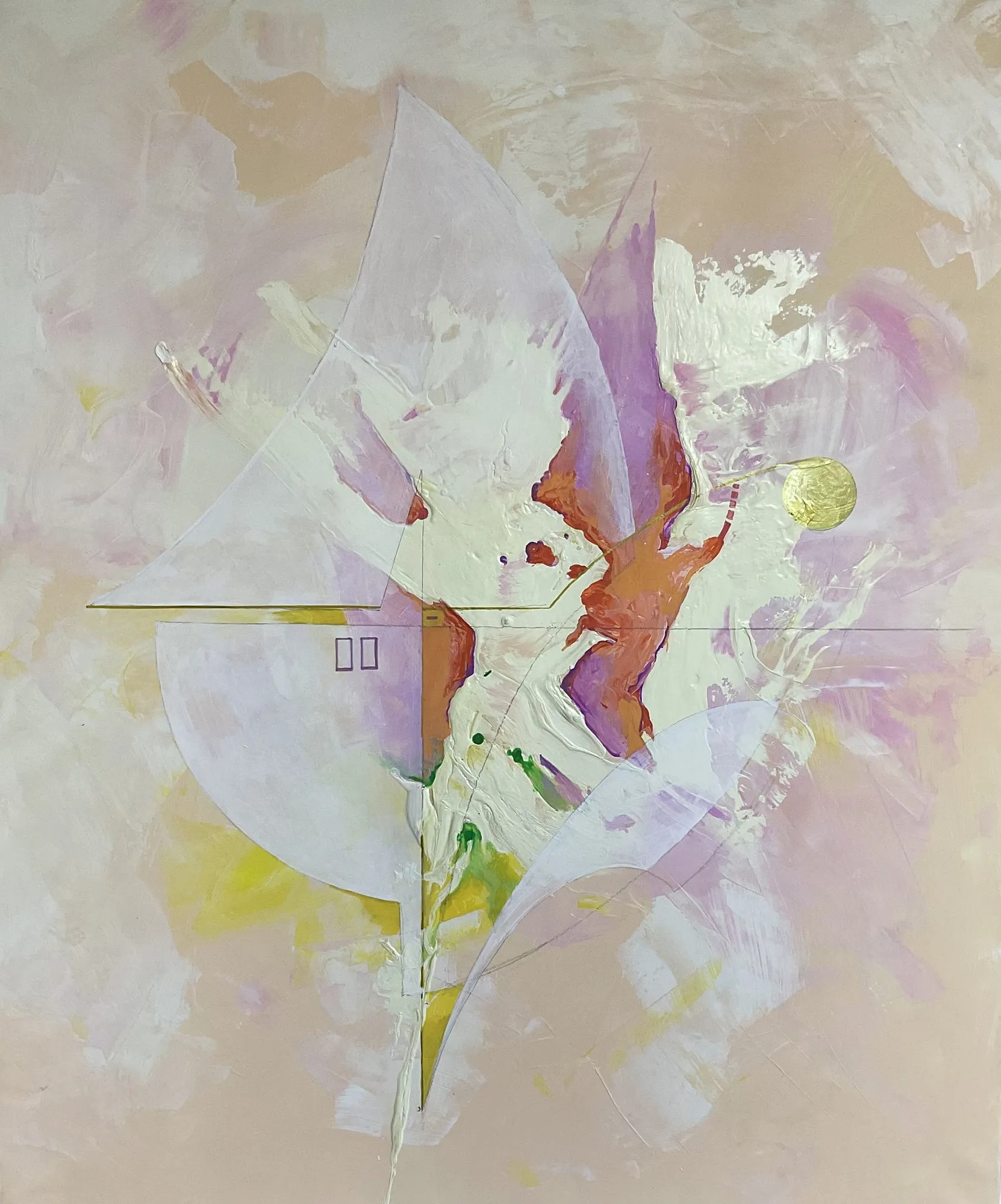 Work on paper “Compositional Blot II” by Oleksandr Zinovyev: White crossed shapes and a pale red streak on light cream.