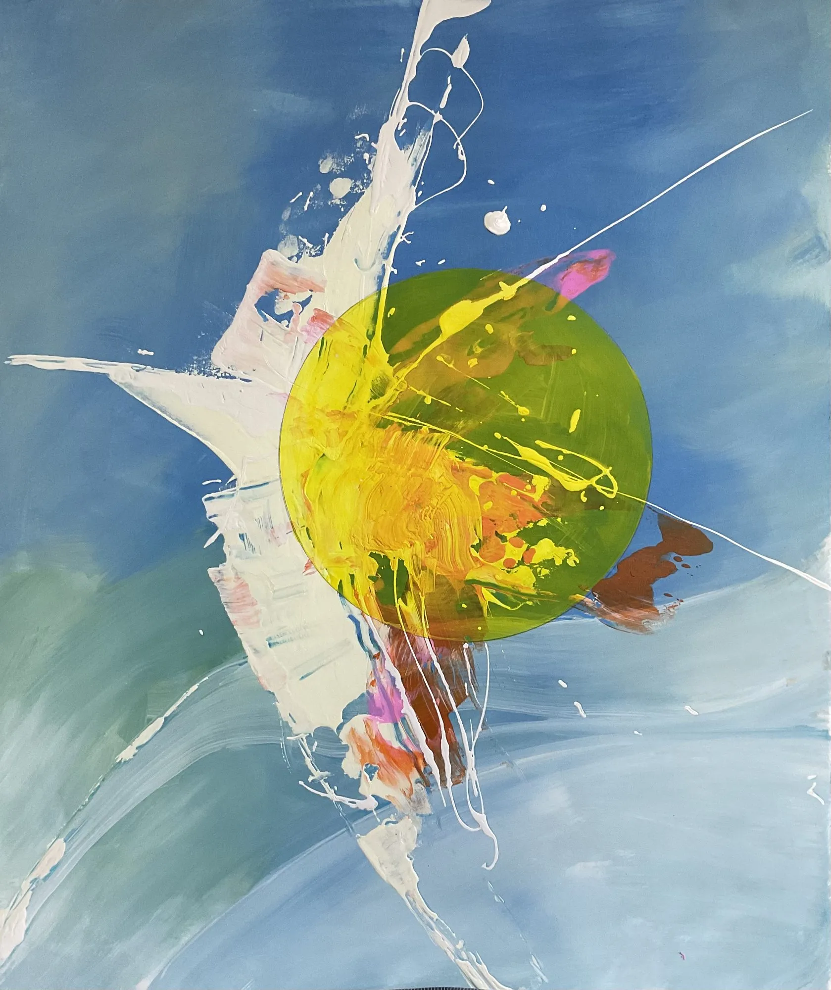 Work on paper “Compositional Blot” by Oleksandr Zinovyev: A yellow sphere with white splashes and thin lines on sky blue.