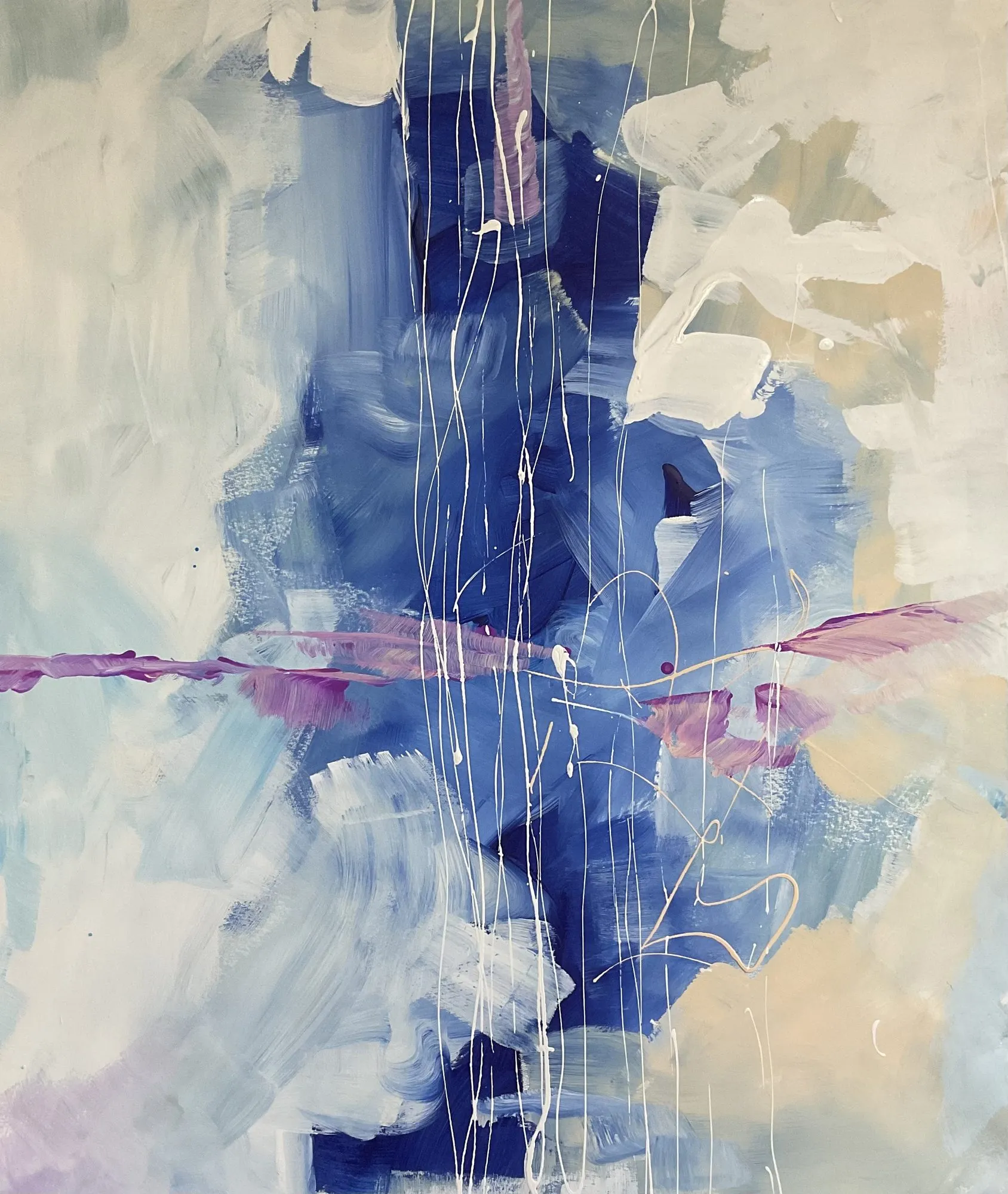 Work on paper “Compositional Blot III” by Oleksandr Zinovyev: Dark blue strokes and white drips on pale blue and white.