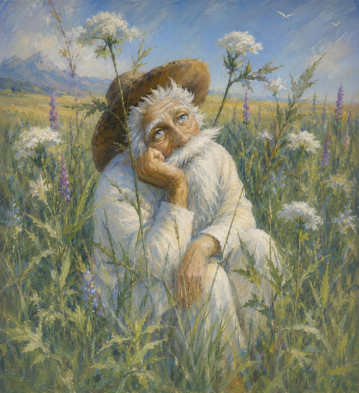 Painting “Spirit of the Steppe” by Oleksandr Zinovyev: An old man with a white beard and straw hat rests his chin on his hand among tall grass and white wildflowers.
