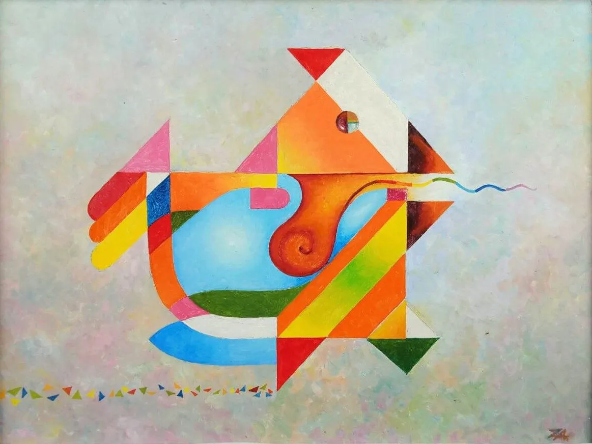 Painting “Abstraction: Rooster” by Oleksandr Zinovyev: A rooster built from bright triangles and arcs in orange, blue and green on a pale ground.
