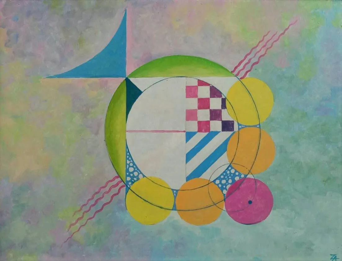 Painting “Abstraction: Little Fish” by Oleksandr Zinovyev: A fish of green rings, checkerboard and striped squares, with yellow and pink circles, on pale green.