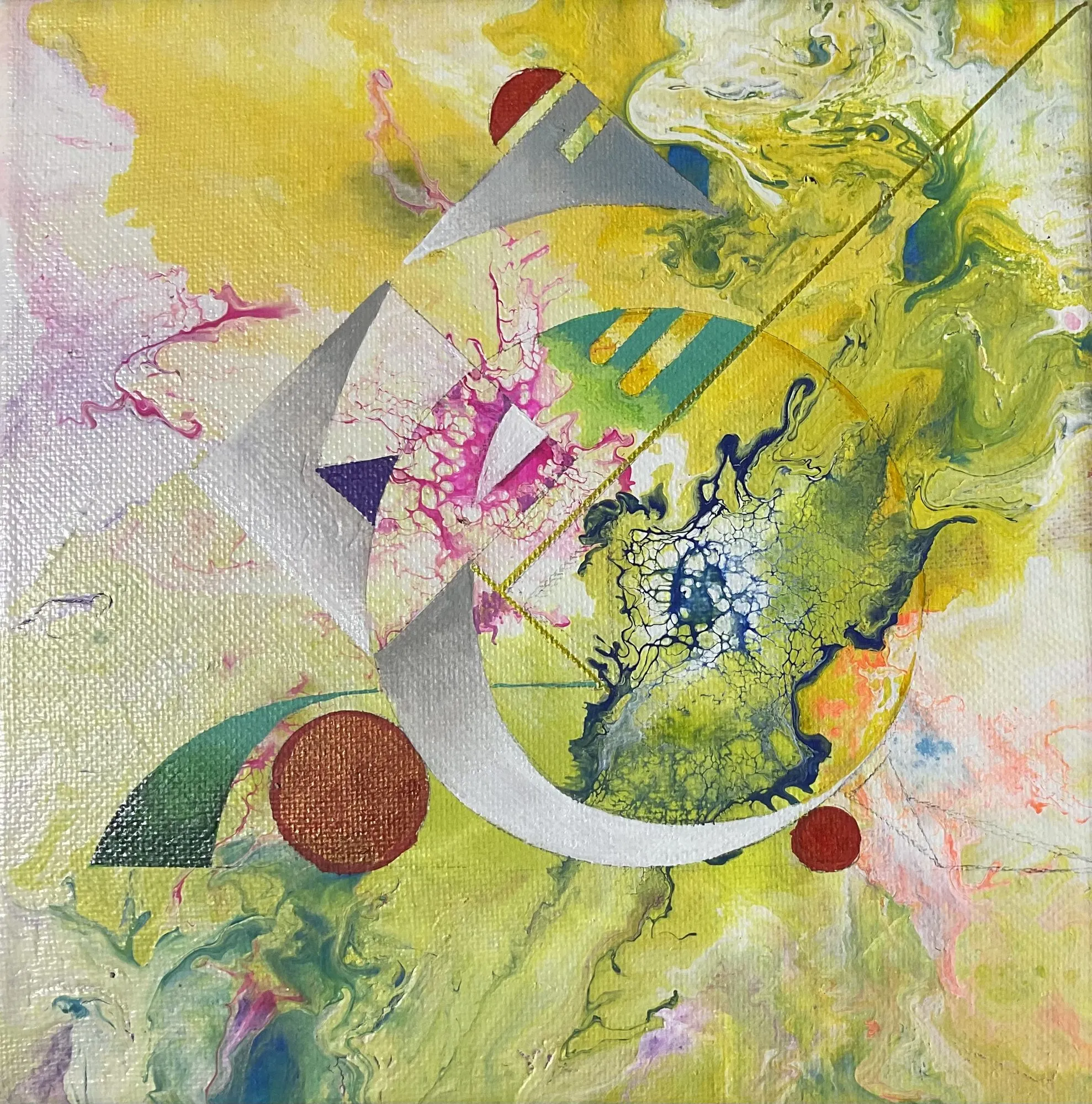 Painting “Abstraction: Green Sphere” by Oleksandr Zinovyev: Grey and white geometric fragments over poured yellow-green paint with pink splashes and a brown disc.