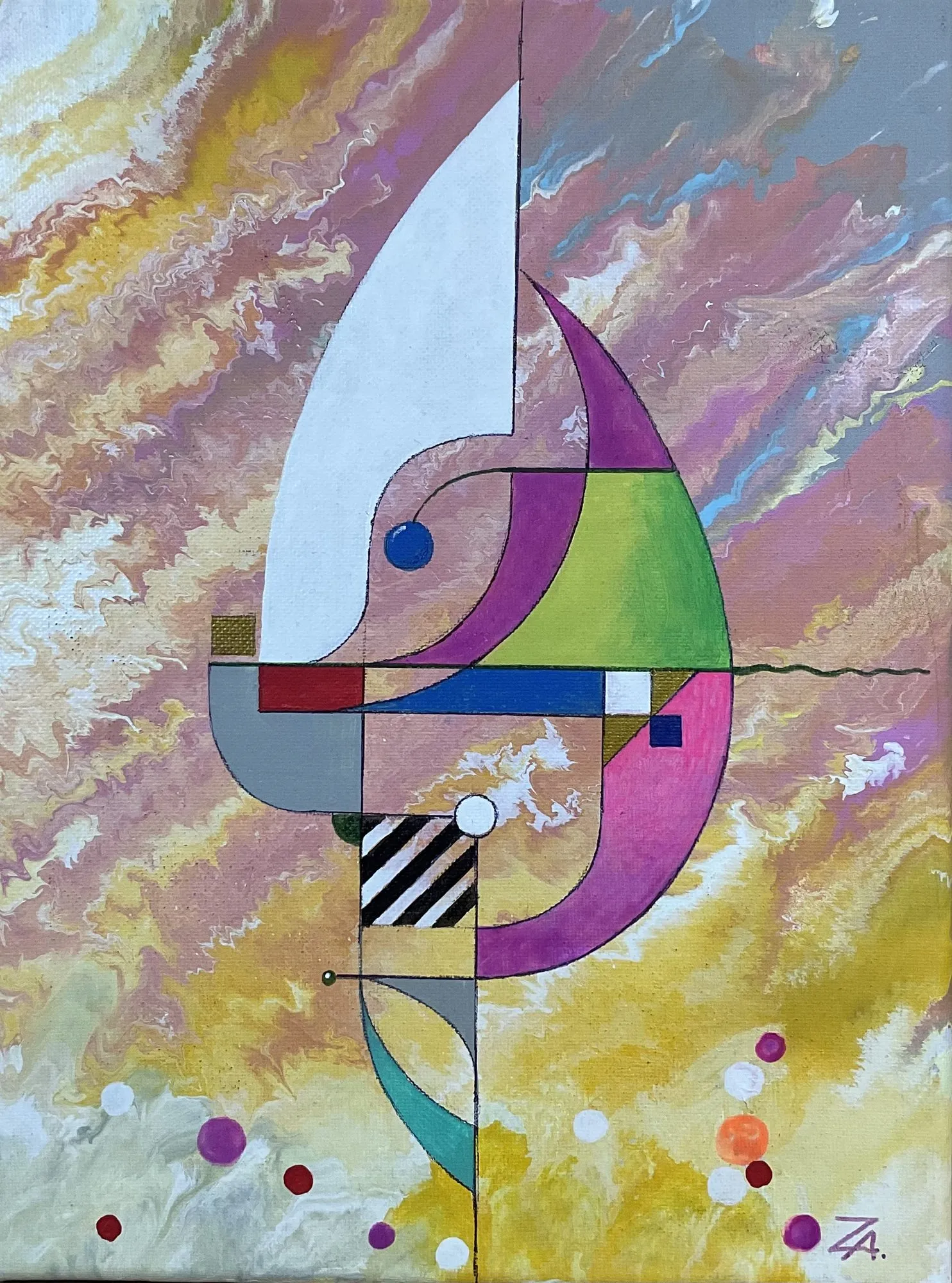 Painting “In Masks” by Oleksandr Zinovyev: A vertical figure of a white sail and purple and green crescents with a striped square, on pink and yellow marbling.