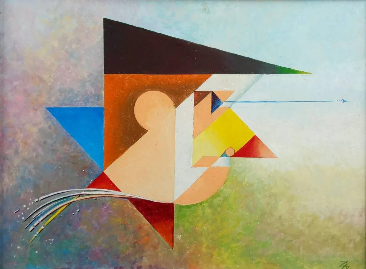 Painting “The Watchman” by Oleksandr Zinovyev: A cubist profile of a man in a dark peaked cap, built from orange, blue and yellow triangles.