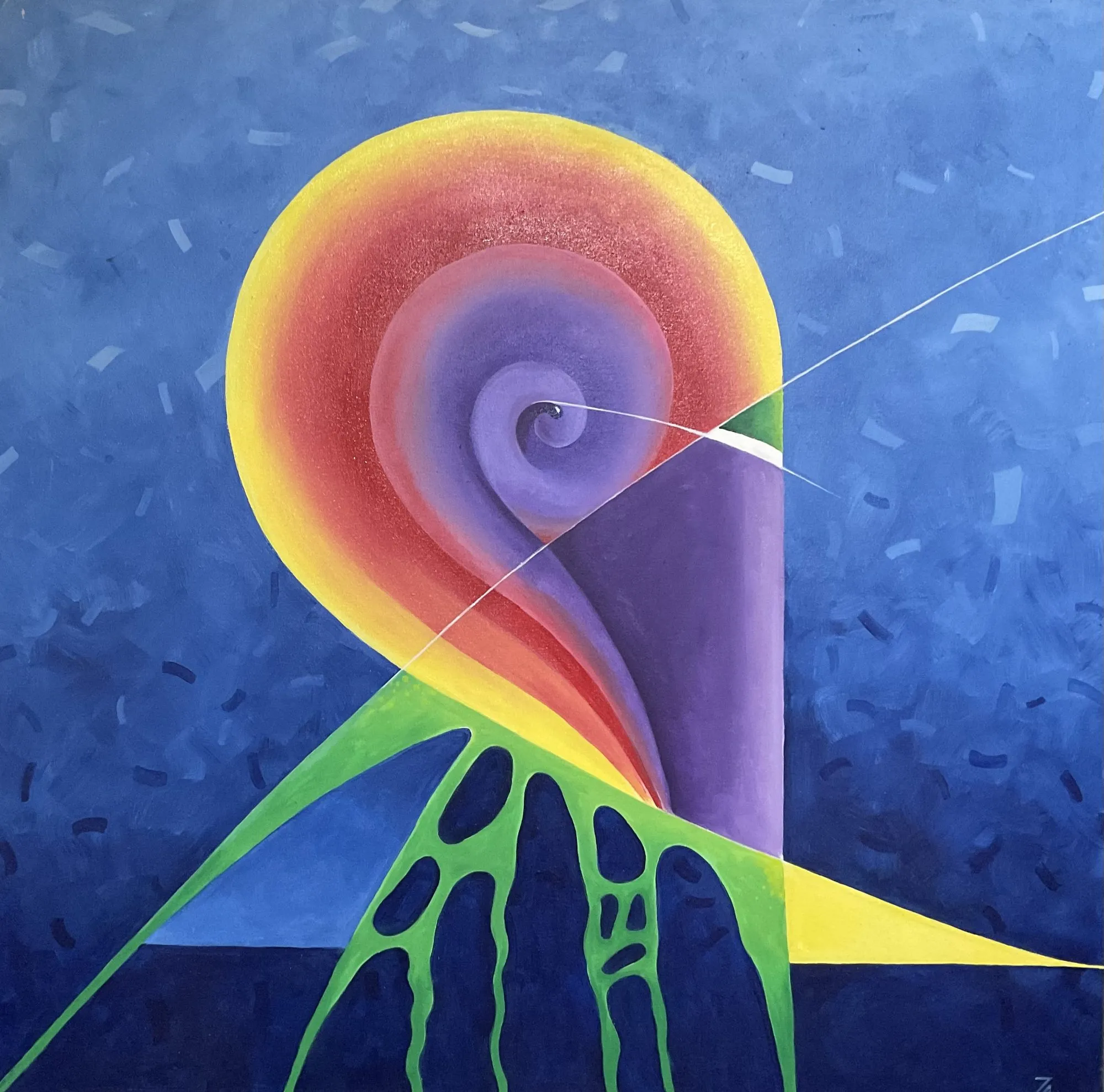 Painting “Octopus” by Oleksandr Zinovyev: A rainbow spiral shell on deep blue with green tentacle-like legs reaching down.