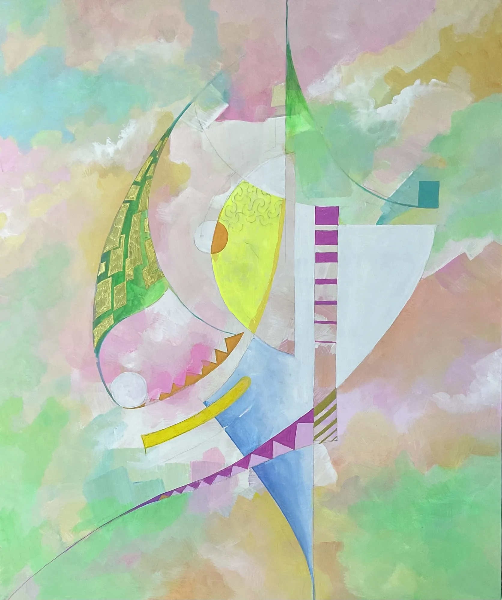 Painting “The Ladder” by Oleksandr Zinovyev: Pastel abstract of curved green, yellow and white shapes with small ladder-like stripes on pink and mint.