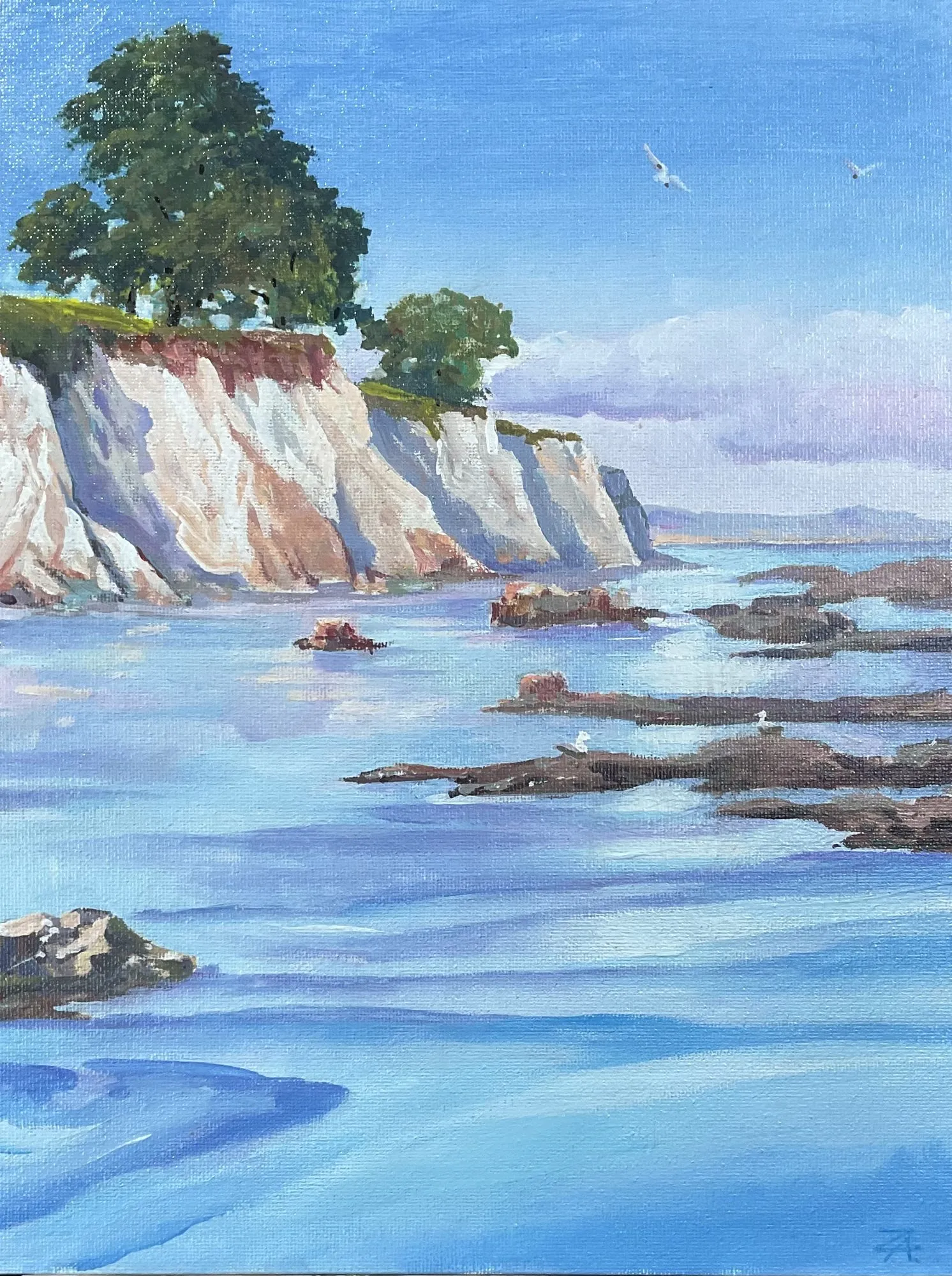 Painting “Sketch: Floodwater” by Oleksandr Zinovyev: White cliffs topped with trees above a rocky shoreline and blue sea on the Santa Barbara coast.