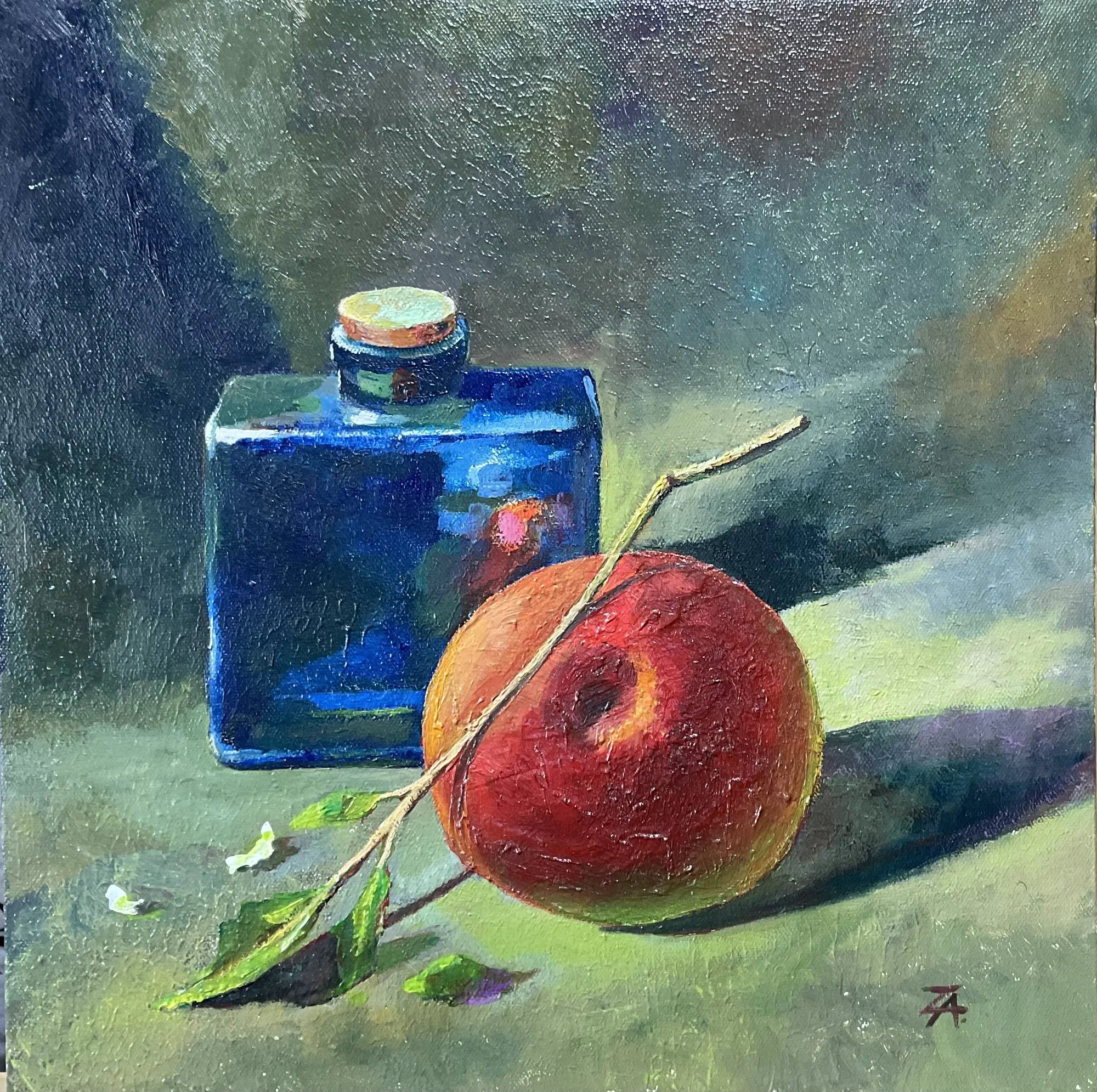 Painting “Study” by Oleksandr Zinovyev: A dark blue square glass bottle with a red peach and a leafy twig on green-grey.