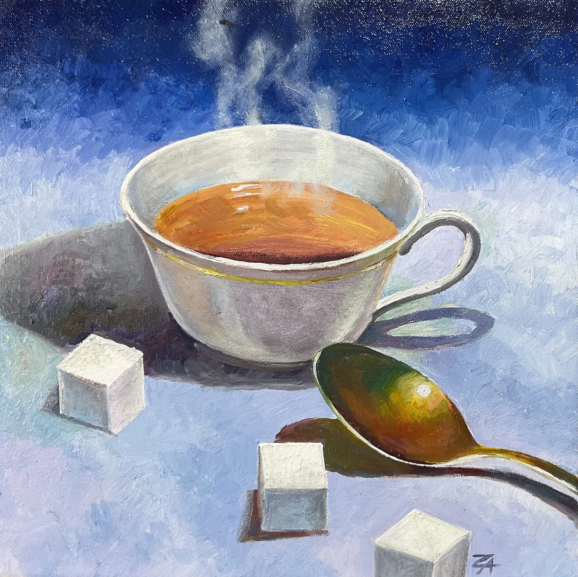 Painting “Study: Tea” by Oleksandr Zinovyev: A white cup of tea with rising steam, sugar cubes and a golden spoon on blue cloth.