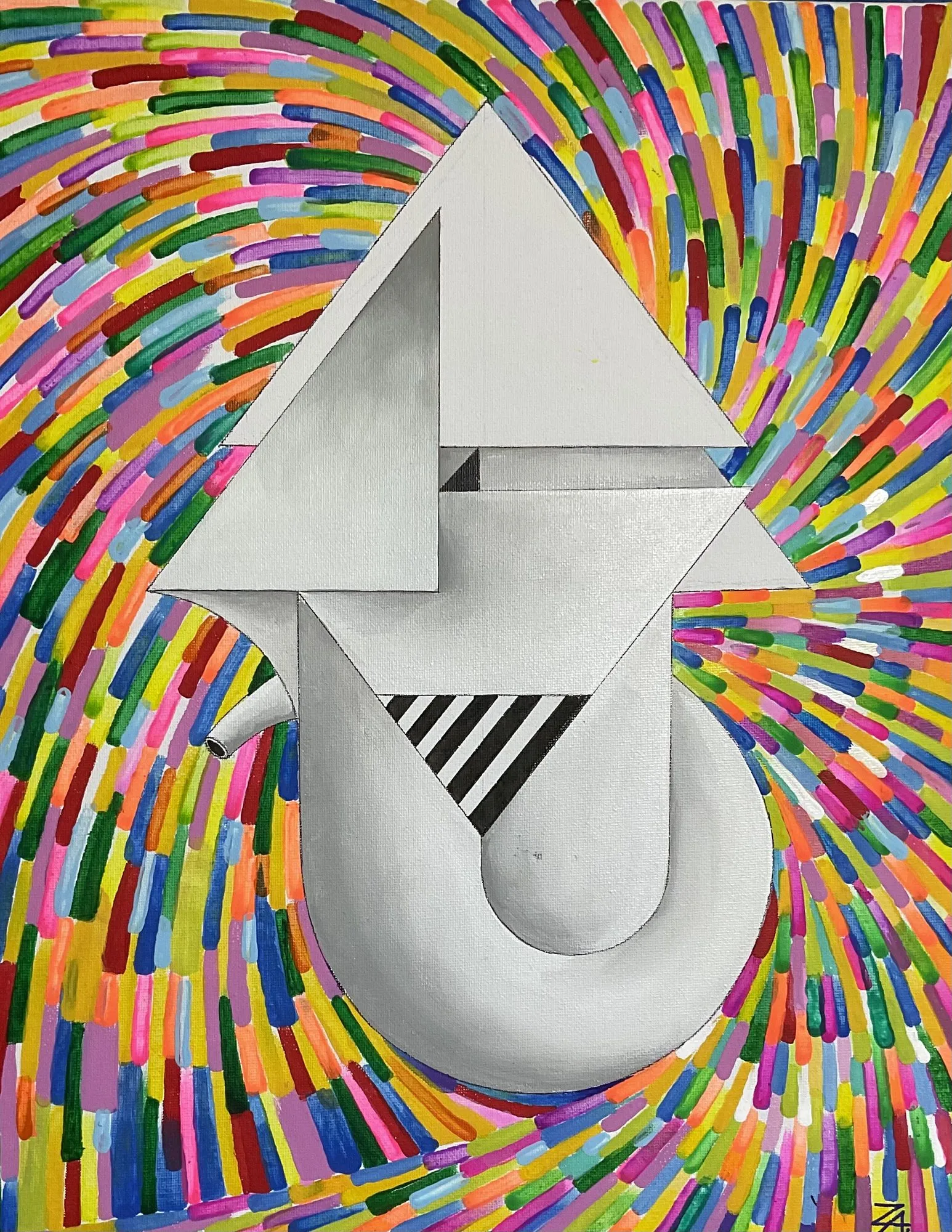 Painting “The Yellow Press Peeps In” by Oleksandr Zinovyev: A white folded geometric figure on a vortex of multicoloured brushstrokes.