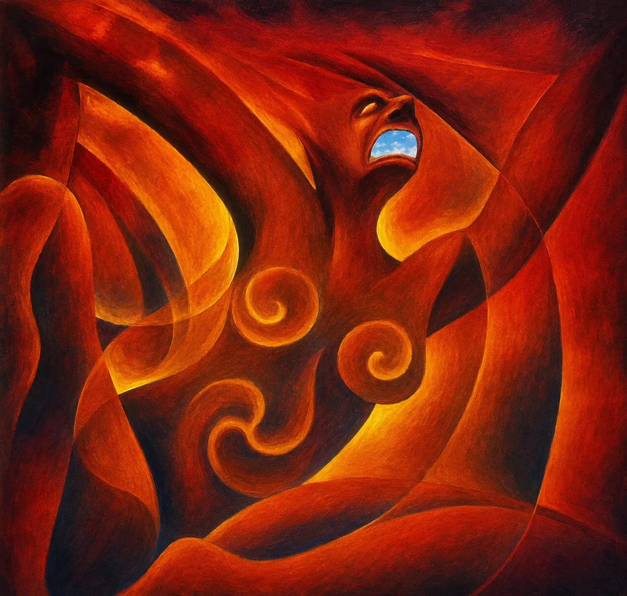 Painting “A Gulp of Sky” by Oleksandr Zinovyev: A swirling red and orange figure with its face turned up, mouth open to a patch of blue sky.