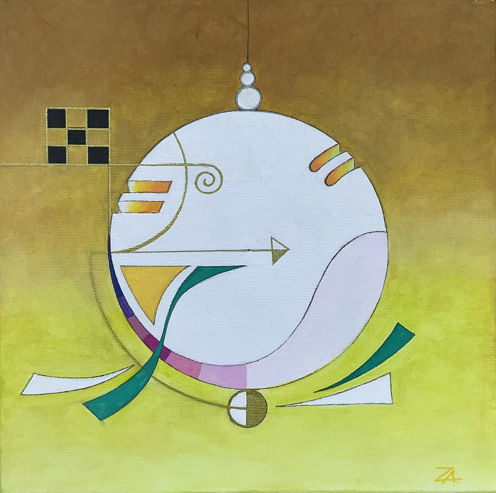 Painting “Kolobok” by Oleksandr Zinovyev: A large white circle hanging like an ornament, with arrows and arcs on olive-yellow and a small black checkerboard.