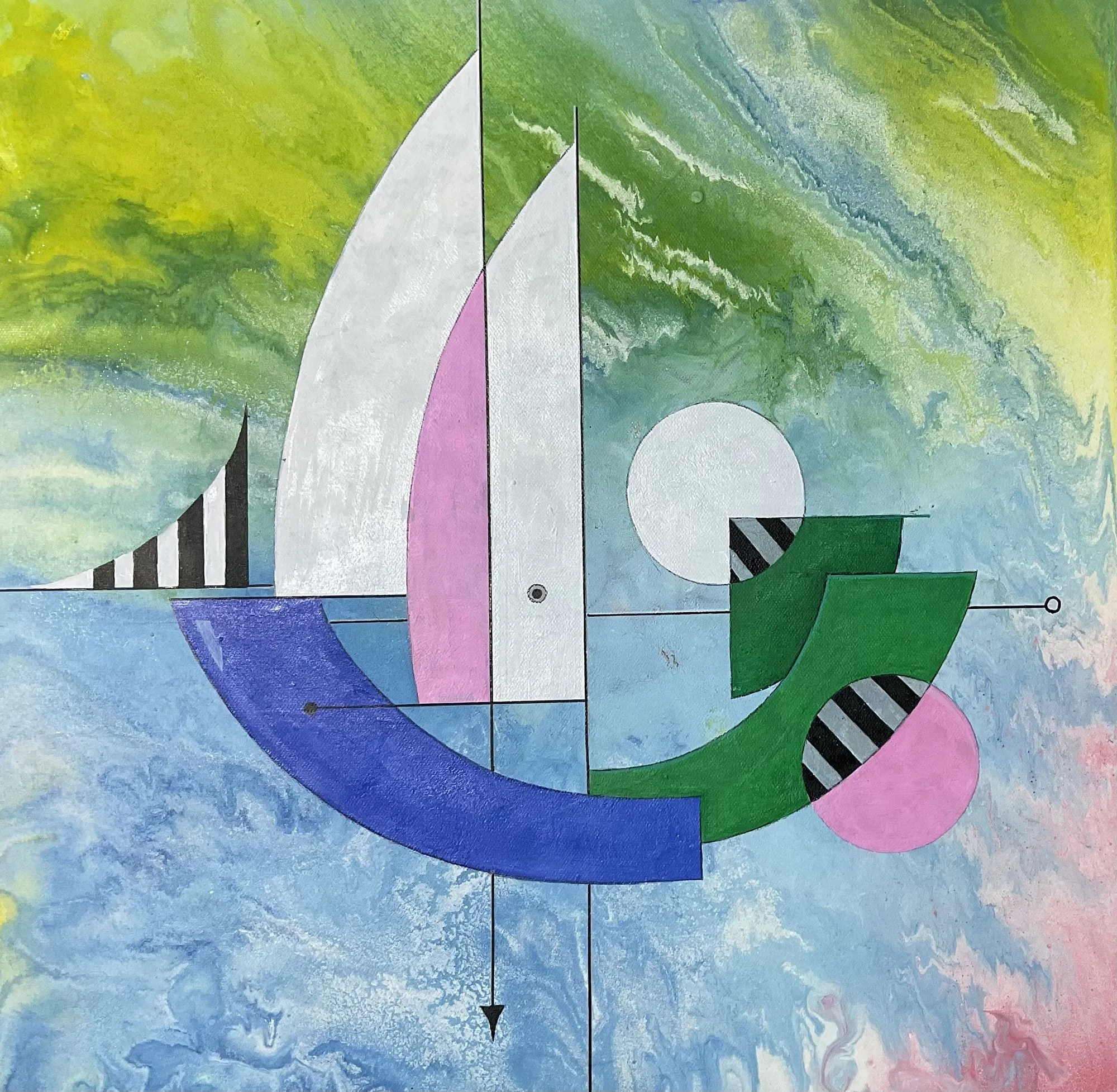 Painting “Little Boat, Abstract” by Oleksandr Zinovyev: An abstract sailboat of white sails and blue and green arcs on a turquoise marbled sea.