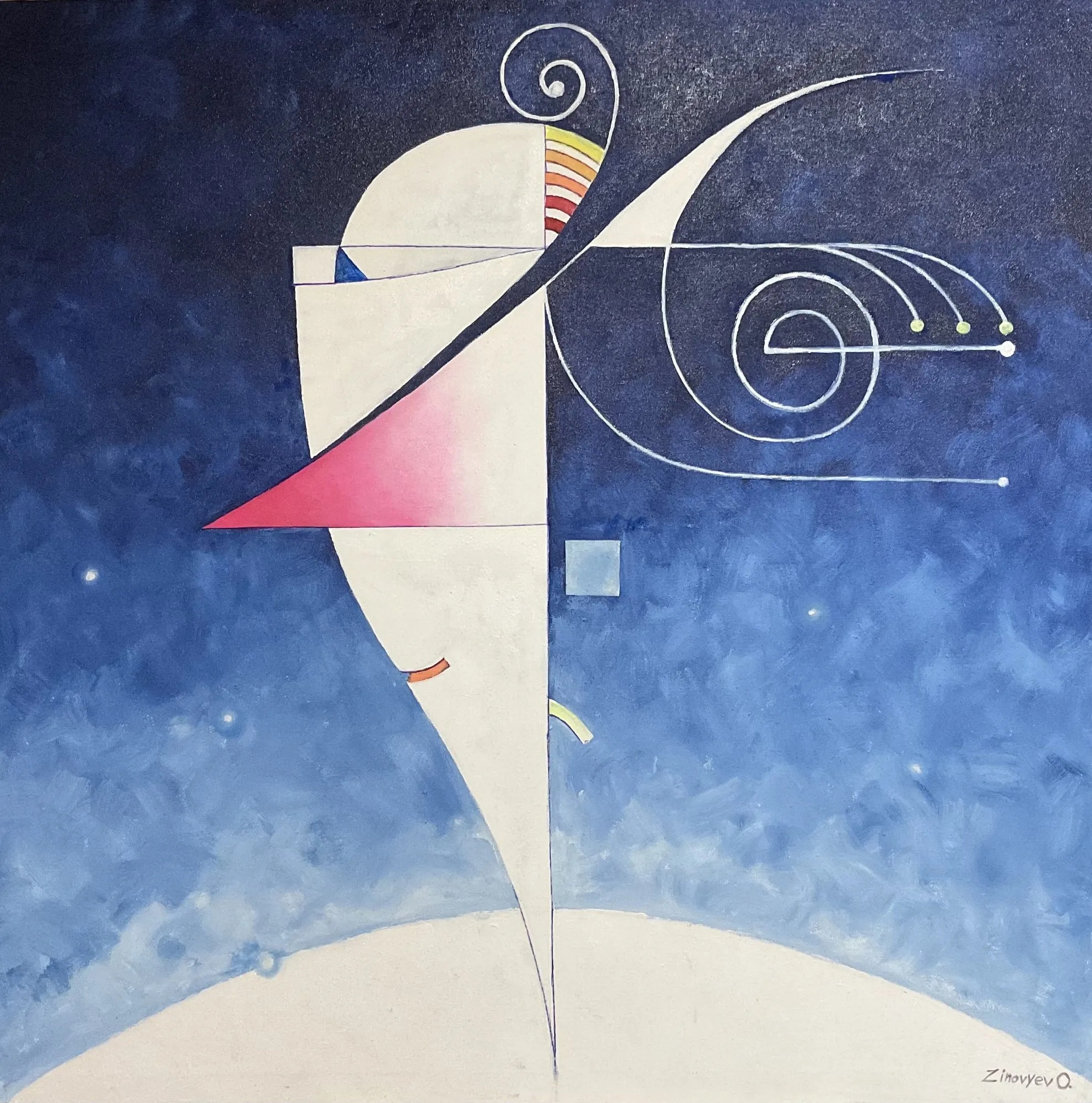 Painting “The Curly One” by Oleksandr Zinovyev: A white figure in profile with curls and spirals on a starry deep-blue sky.