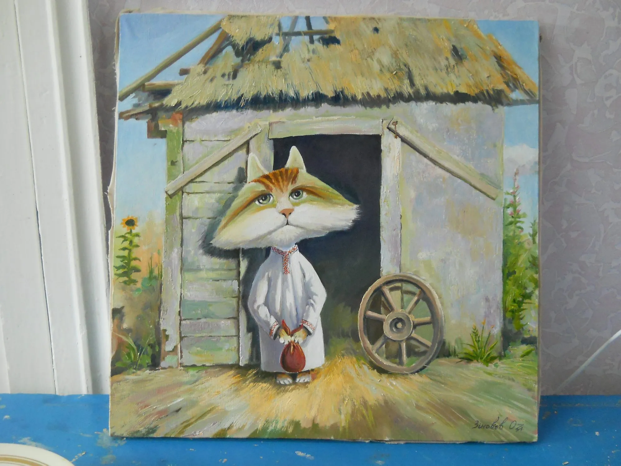 Painting “The Emigrant Cat” by Oleksandr Zinovyev: A cat in a white robe holding a bag at the door of a thatched shed, a cart wheel beside it.