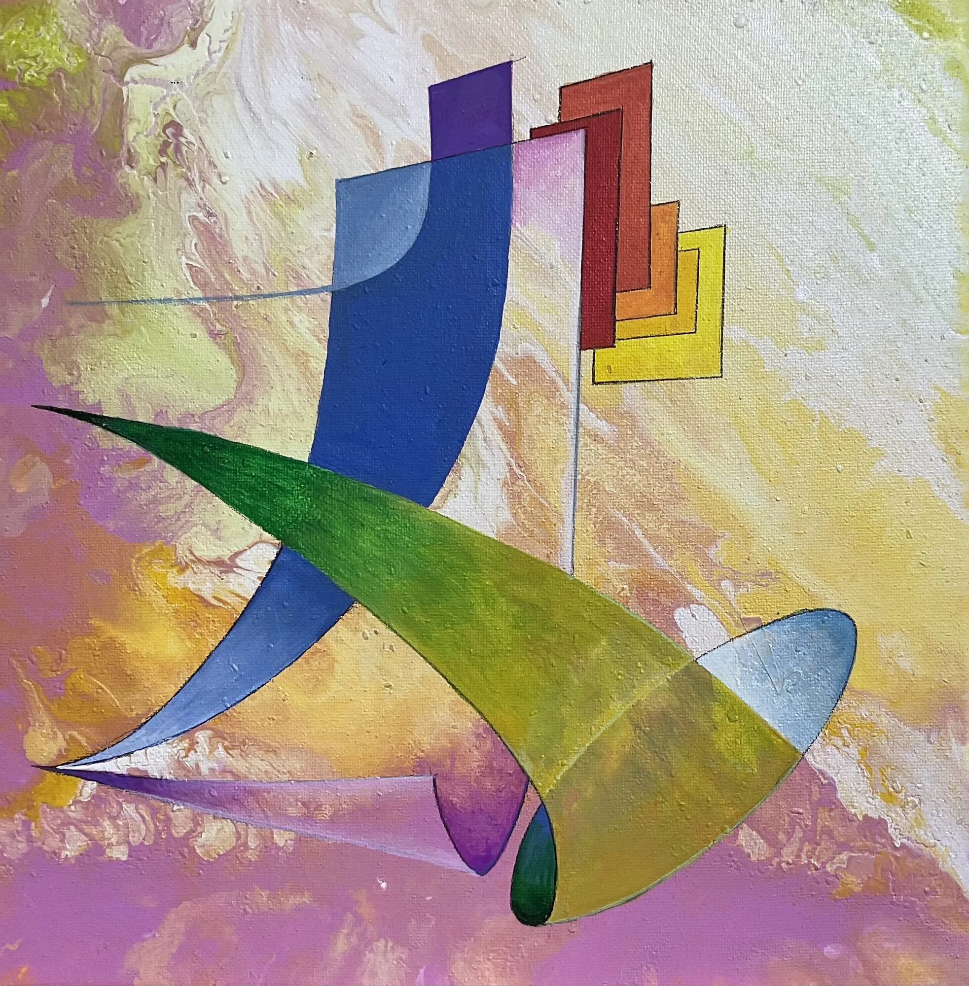 Painting “A Pocket of Space” by Oleksandr Zinovyev: Blue, green and red curved sheets flying over a pink and yellow ground.