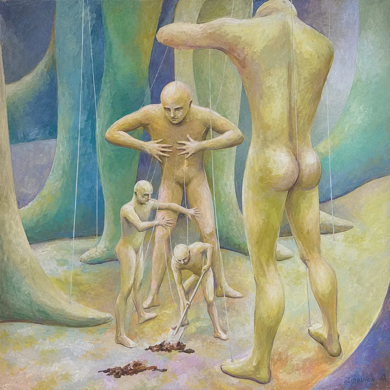 Painting “Puppeteers” by Oleksandr Zinovyev: Large nude figures working smaller figures on strings among pale tree trunks.
