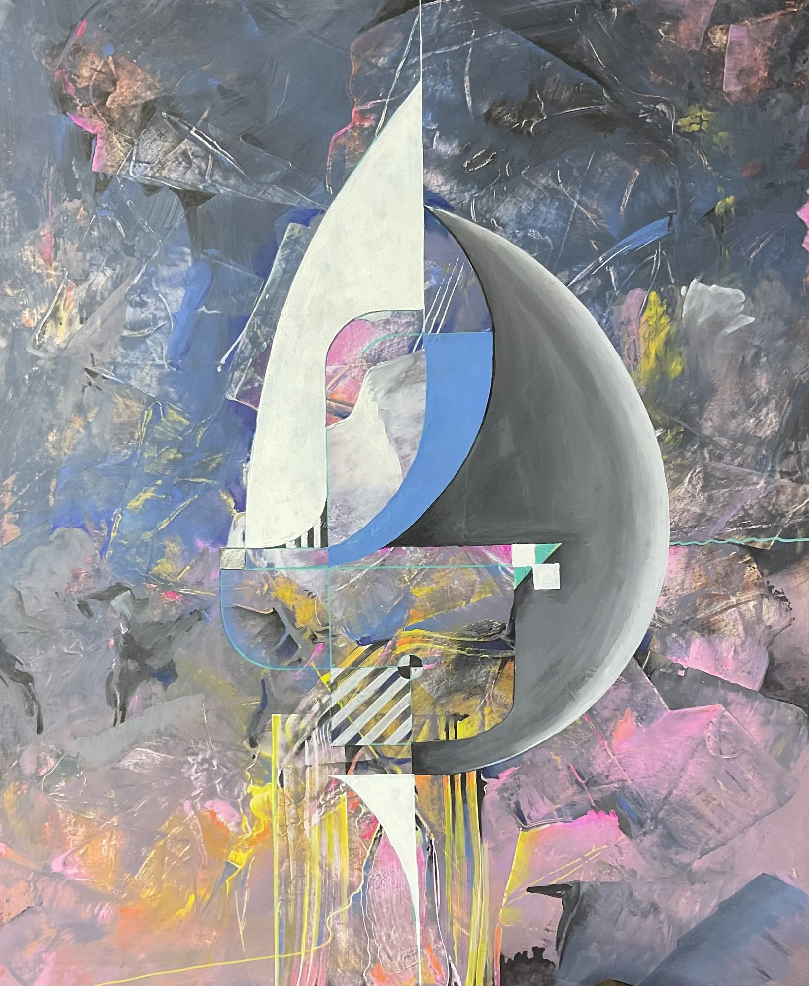 Painting “Mask” by Oleksandr Zinovyev: A white sail and grey crescent forming a mask over a dark textured abstract with pink.
