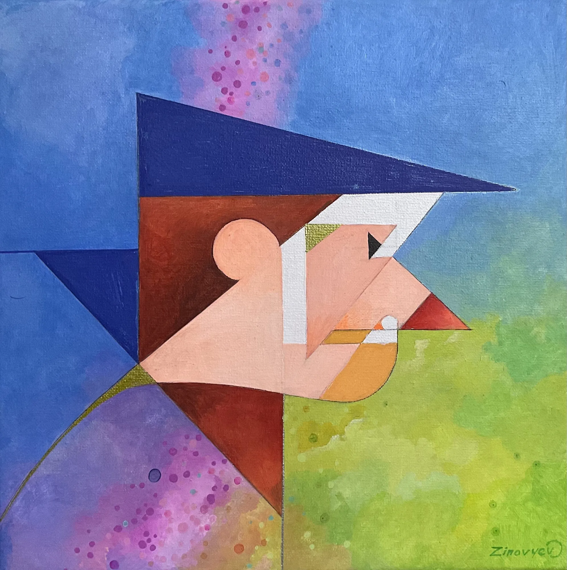 Painting “On Watch” by Oleksandr Zinovyev: A cubist profile of a man in a blue peaked cap with a pink face, on blue and green.