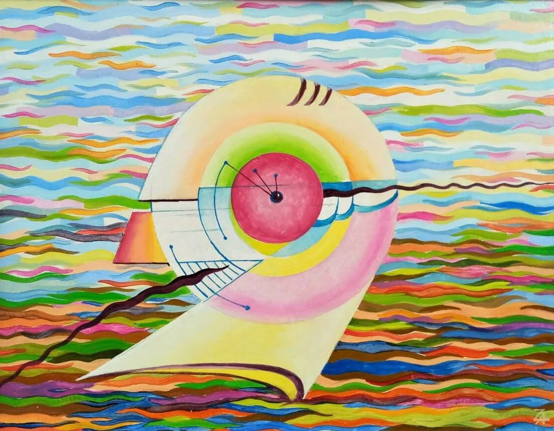 Painting “Nautilus” by Oleksandr Zinovyev: A rainbow eye or shell shape floating over wavy multicoloured stripes.