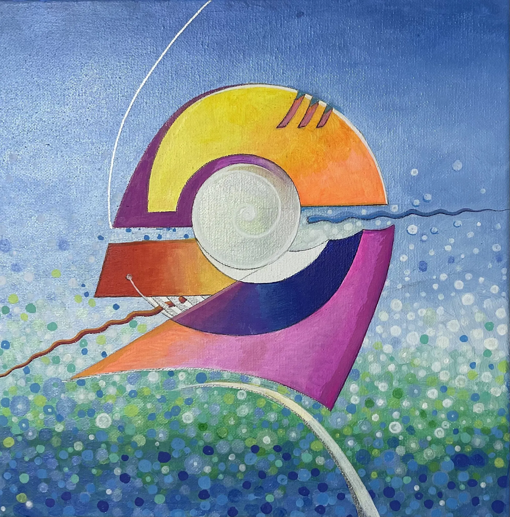 Painting “Nautilus, Second Version” by Oleksandr Zinovyev: Yellow, purple and orange arcs around a silver disc on a blue dotted ground.
