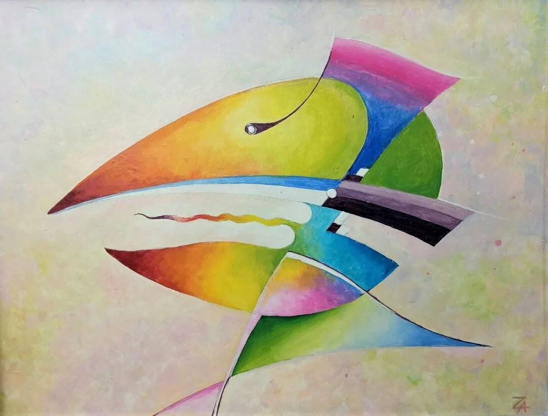 Painting “Parrot” by Oleksandr Zinovyev: A parrot made of rainbow-gradient curved shapes on a pale ground.