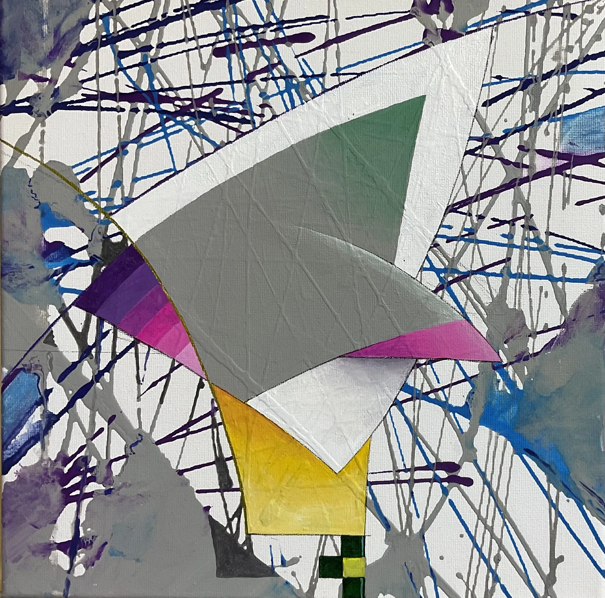Painting “Interweaving” by Oleksandr Zinovyev: Grey and yellow angular shapes over a web of dripped blue and black lines.
