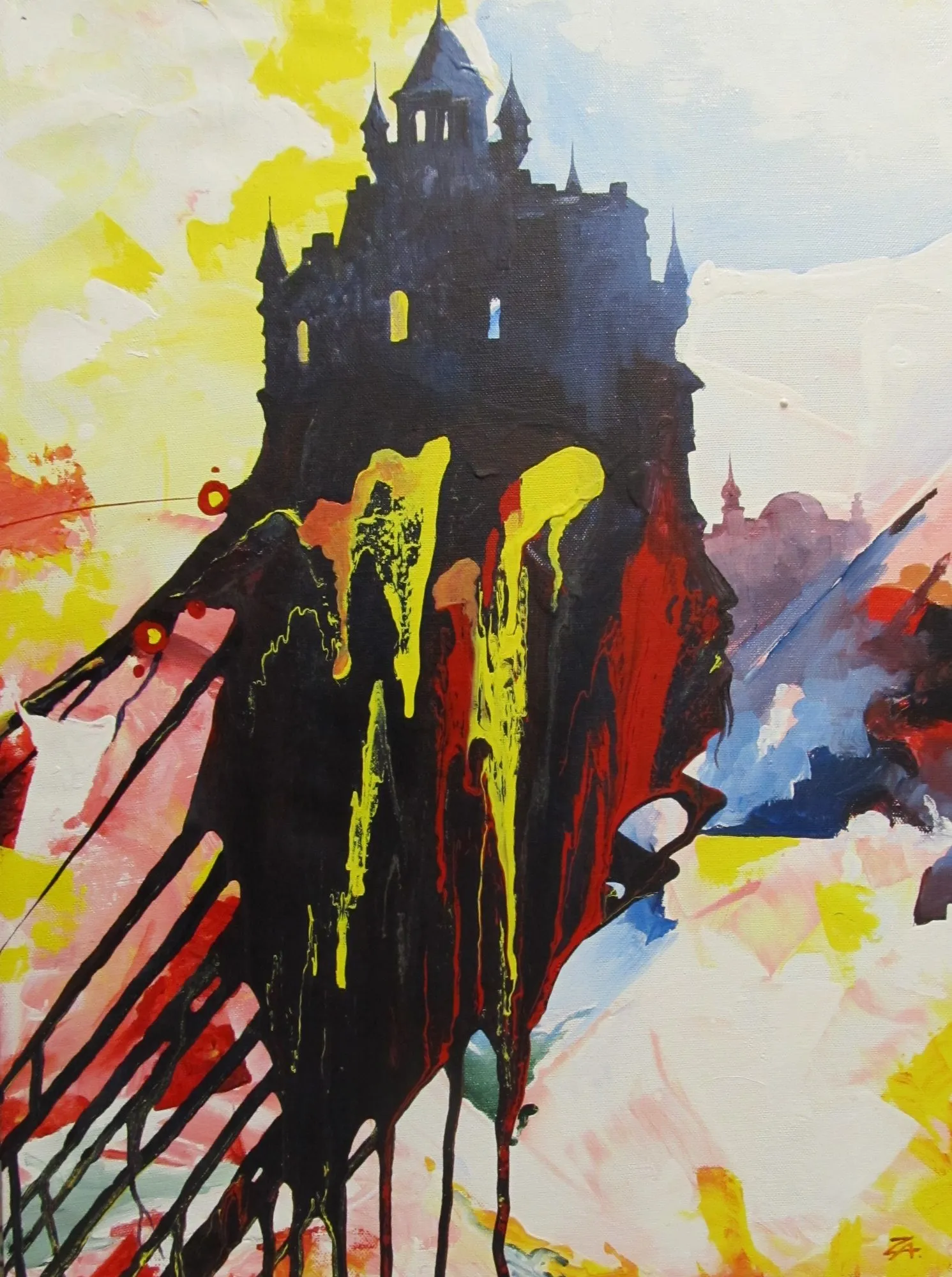 Painting “The Castle Ghost” by Oleksandr Zinovyev: A dark castle silhouette on a rock streaked with red and yellow drips, on white and yellow.
