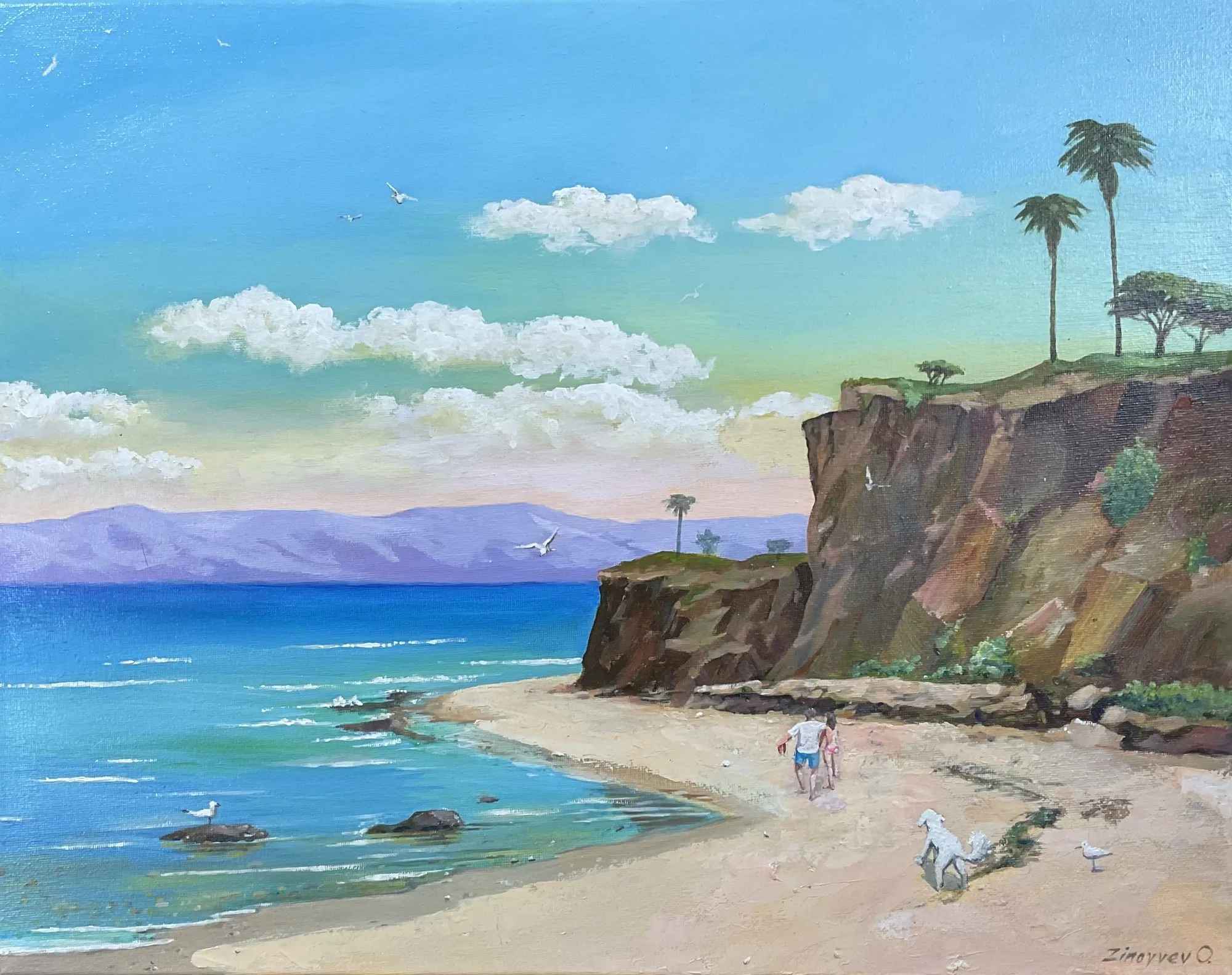 Painting “A Walk, Sketch” by Oleksandr Zinovyev: A beach below a cliff with palm trees, people and a white dog on the sand, mountains across the water.