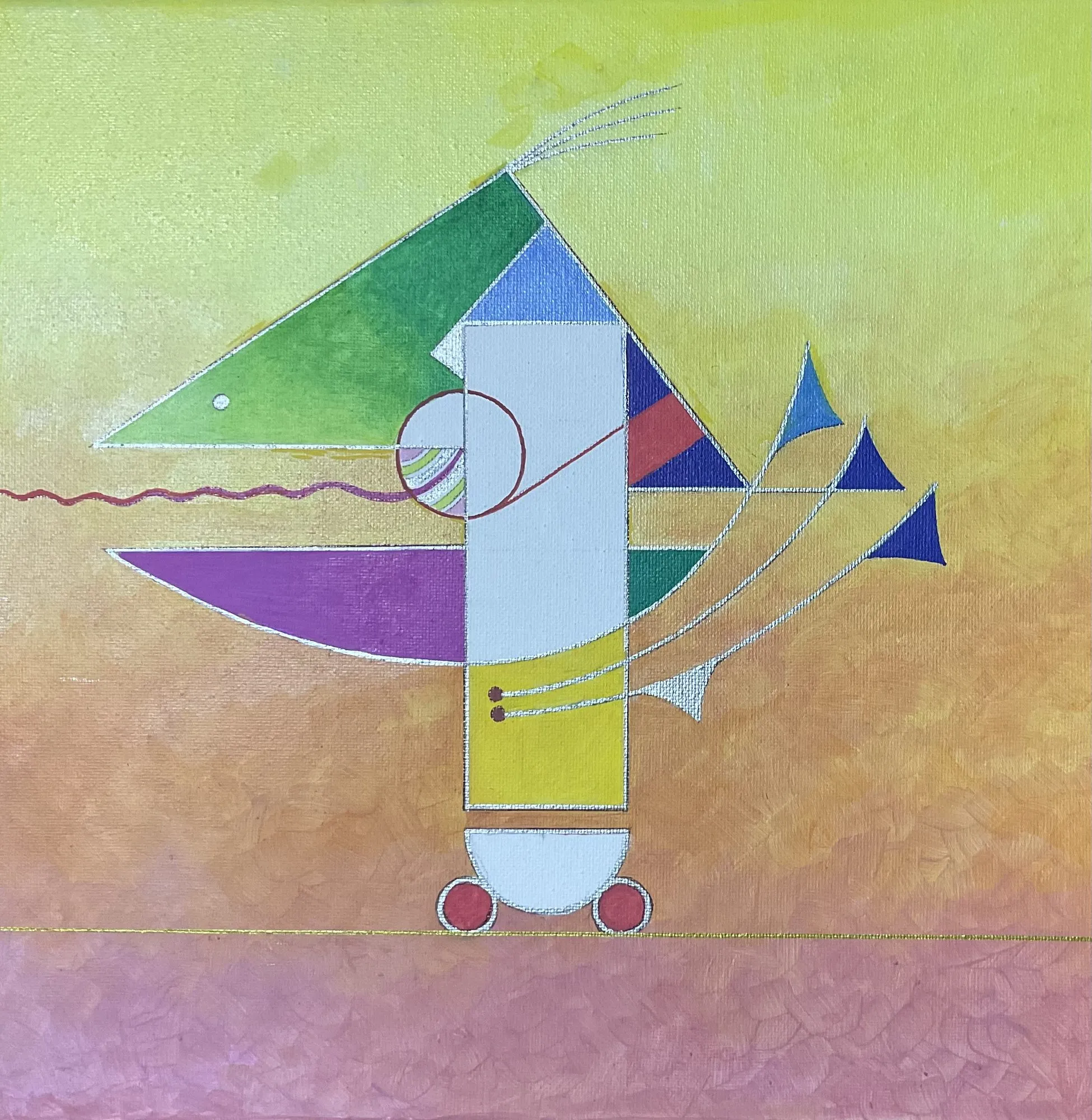 Painting “Little Bird, Second Version” by Oleksandr Zinovyev: An abstract bird of green, blue and yellow segments and small triangles on yellow and pink.