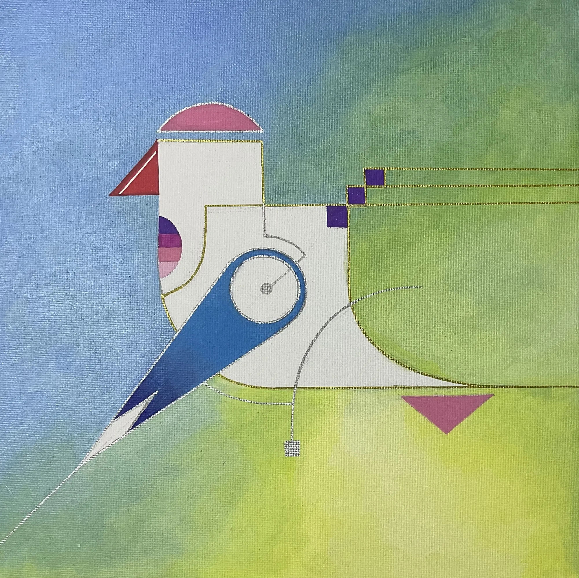 Painting “Little Bird” by Oleksandr Zinovyev: A white geometric bird with a blue tail and red beak on blue-green.