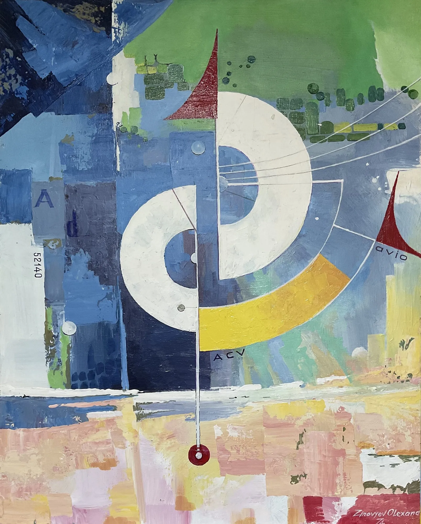 Painting “Rooster” by Oleksandr Zinovyev: A collage-like abstract with a white spiral, a yellow arc and red points on blue and pink patches.
