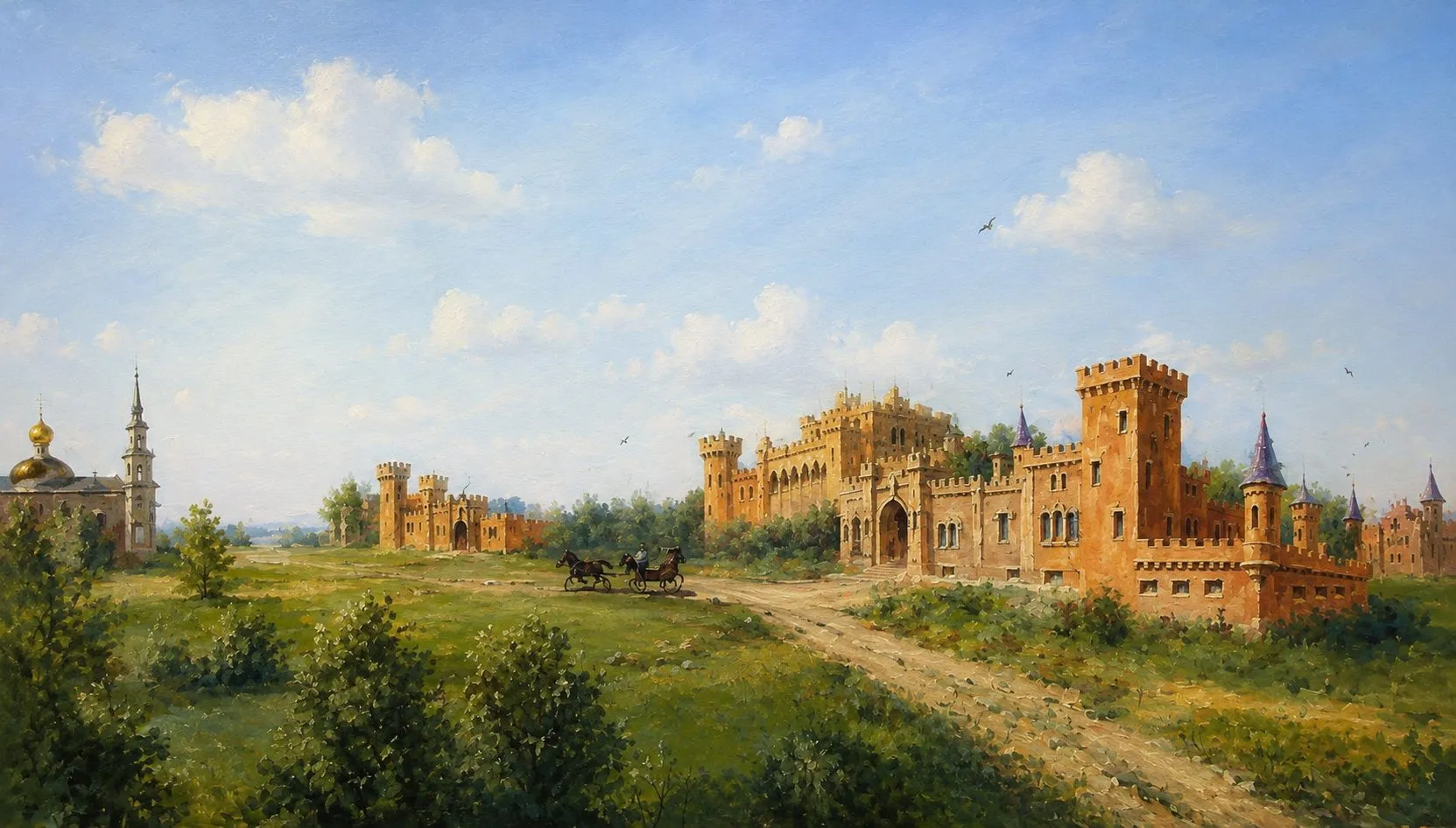 Painting “Reconstruction: View from the North Wing, Vasylivka Castle” by Oleksandr Zinovyev: A wide steppe landscape with a red-brick castle and towers, a carriage on the road.
