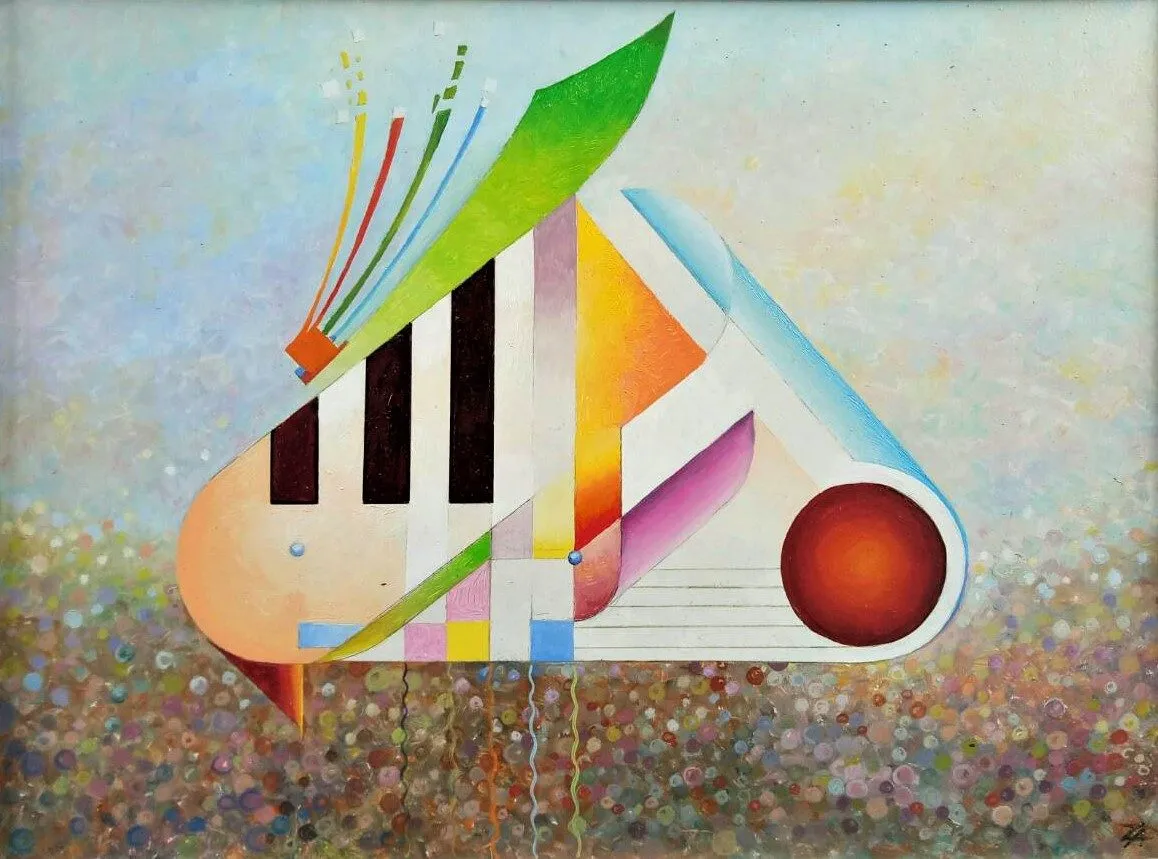 Painting “Grand Piano, Music” by Oleksandr Zinovyev: Grand piano keys folded into a geometric shape with a red ball and a green leaf, on a dotted ground.