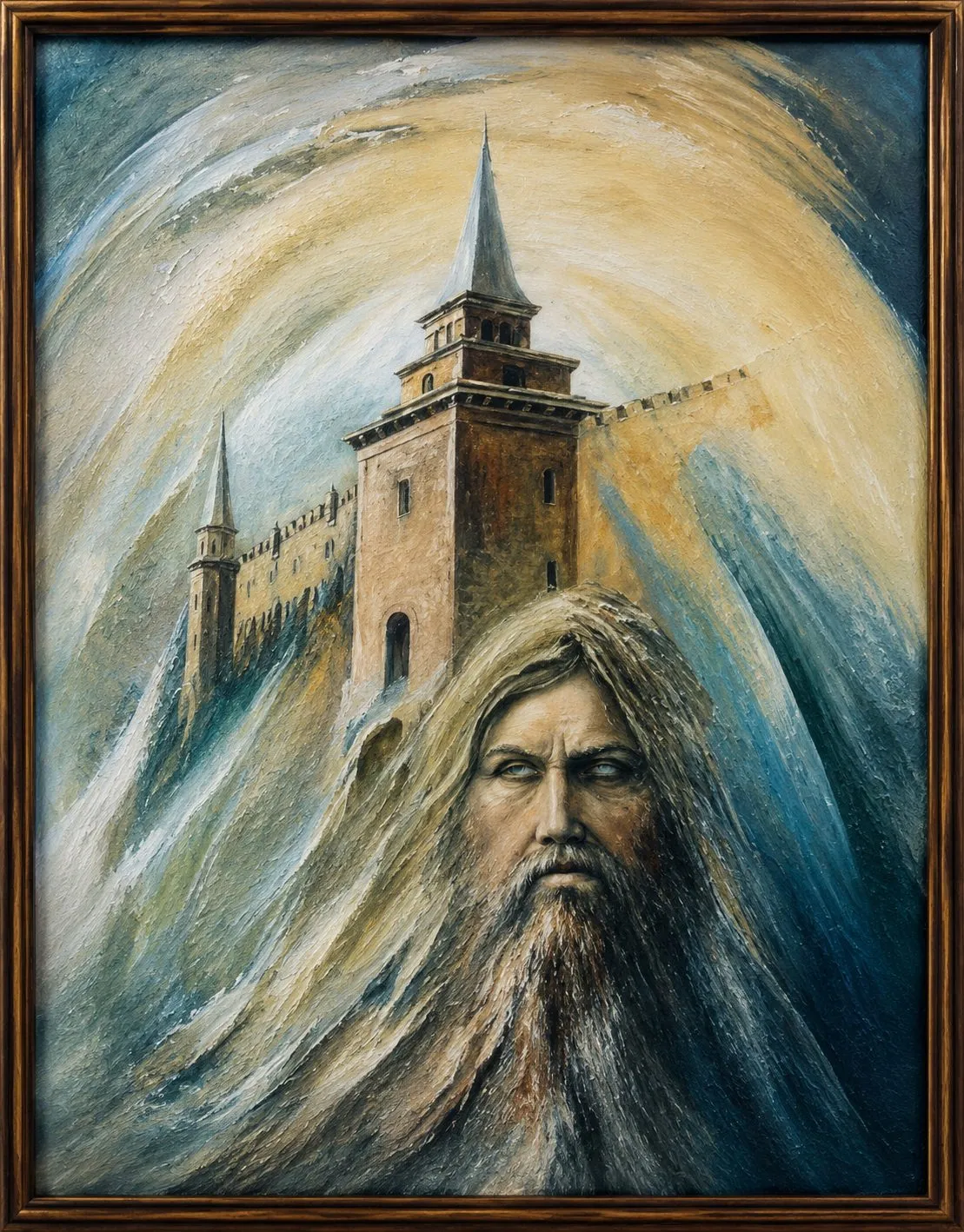 Painting “Dreams III: Spirit of the Old Castle” by Oleksandr Zinovyev: The face of an old bearded man with a castle tower rising out of his head, in gold and blue.