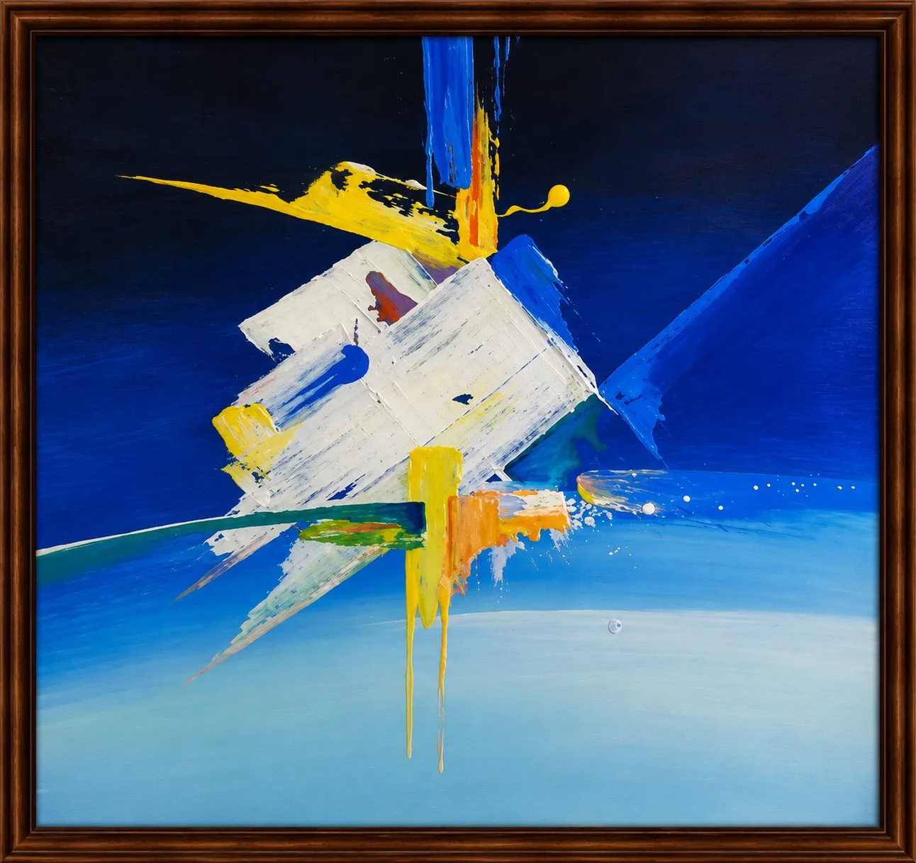 Painting “Dreams II” by Oleksandr Zinovyev: An explosion of white, yellow and blue shards on deep blue; framed.